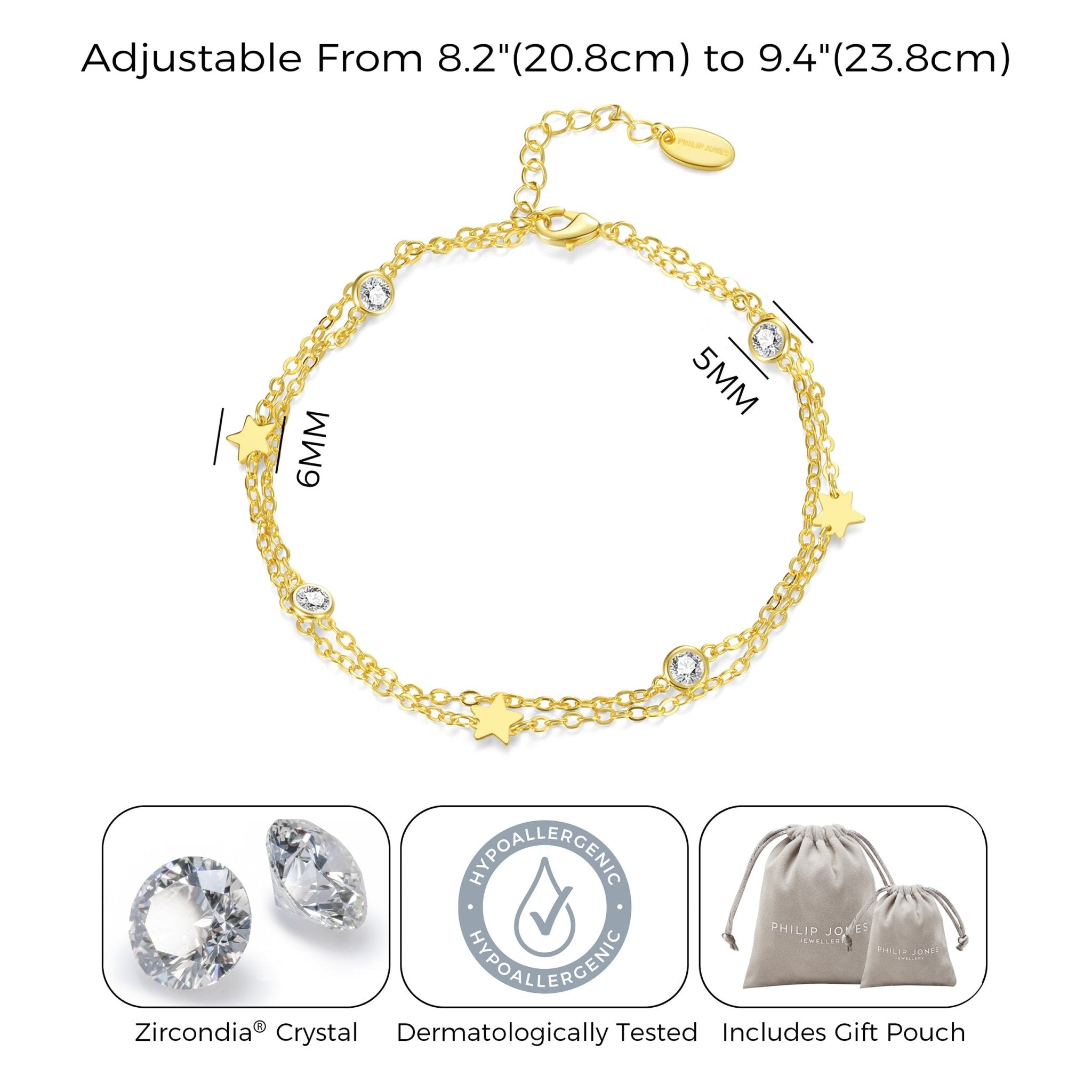 18k Gold Plated Layered Star Anklet Created with Zircondia® Crystals