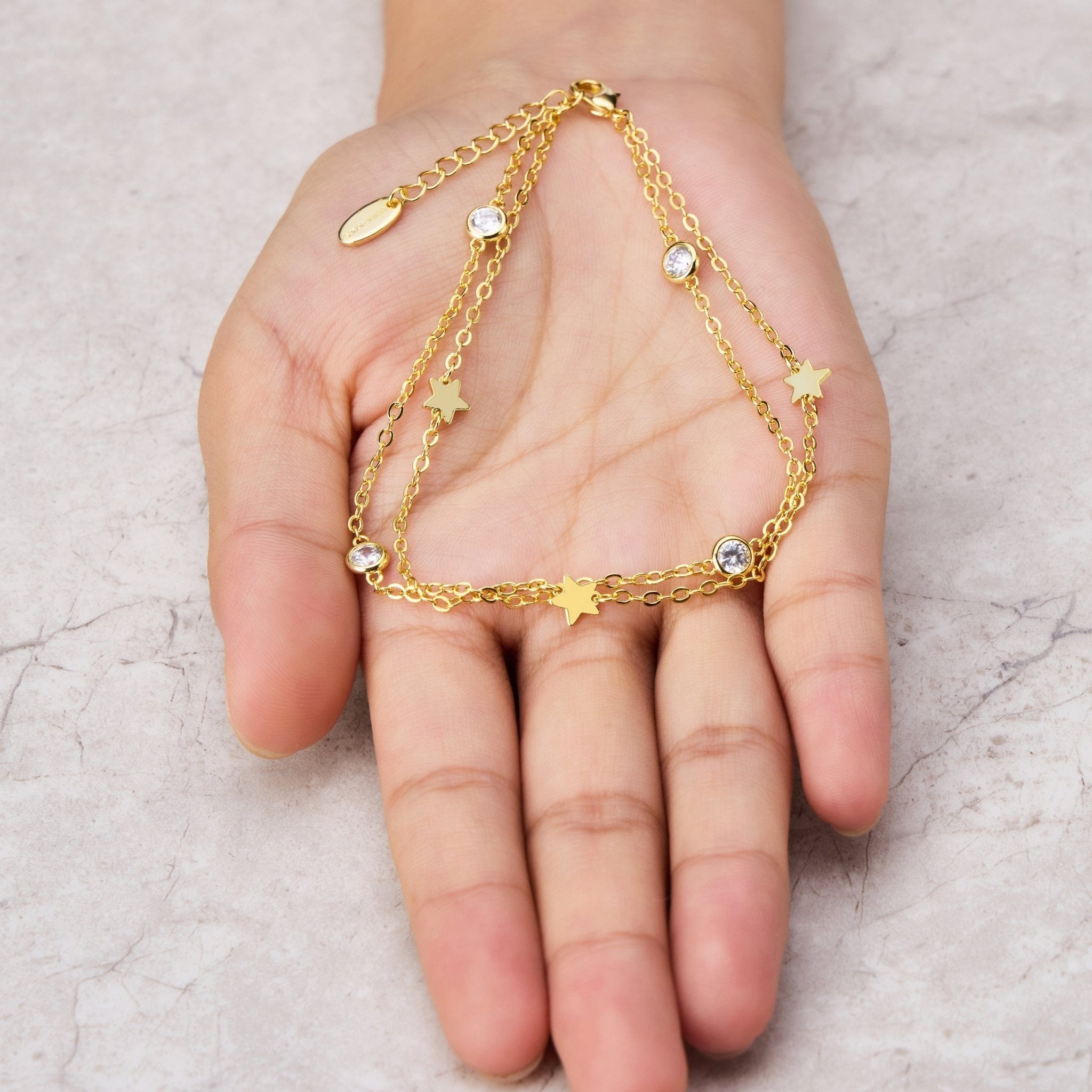 18k Gold Plated Layered Star Anklet Created with Zircondia® Crystals