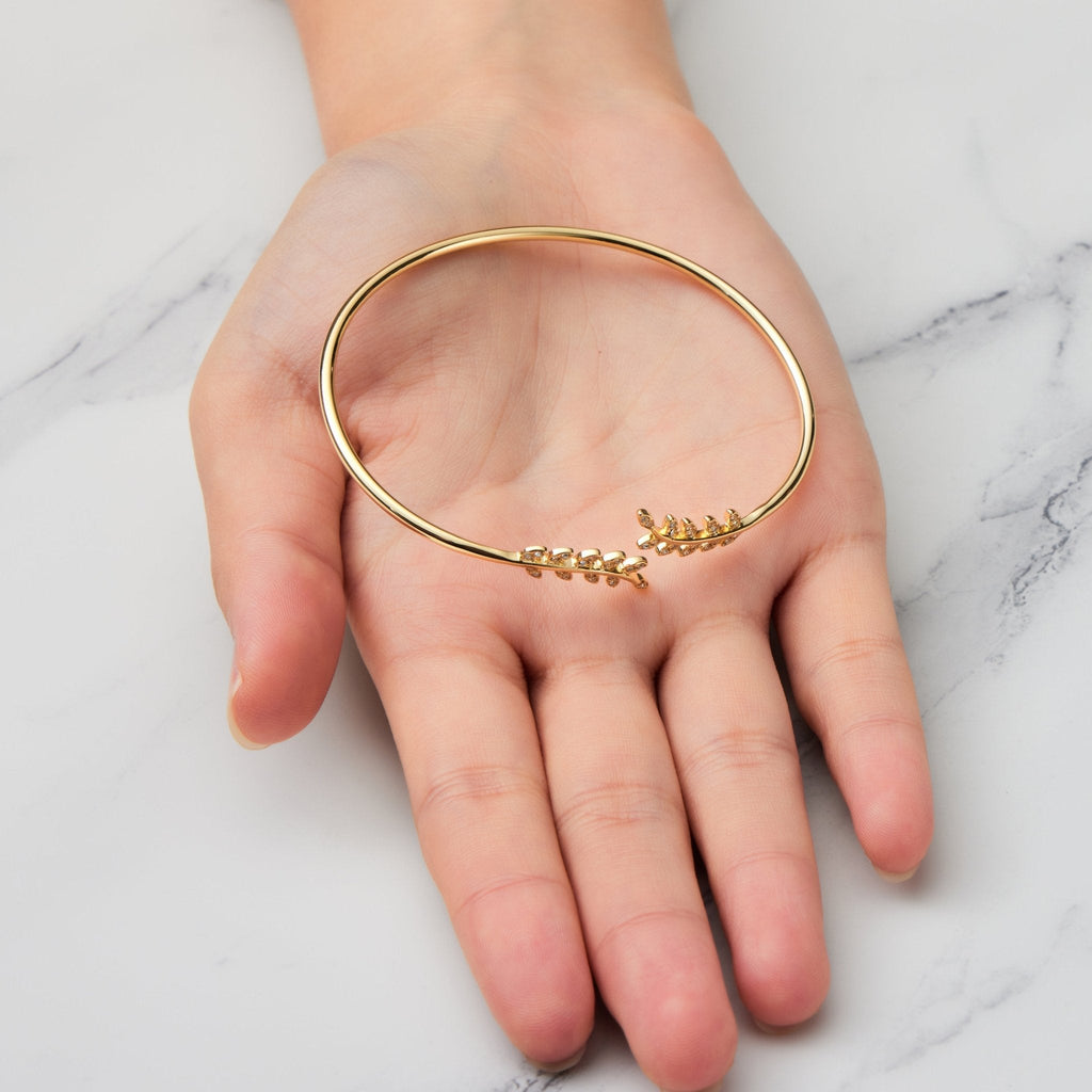18k Gold Plated Leaf Bangle Created with Zircondia® Crystals