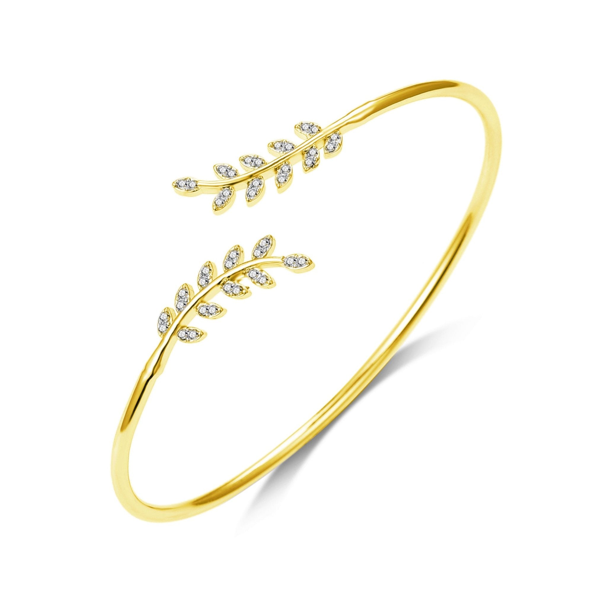 18k Gold Plated Leaf Bangle Created with Zircondia® Crystals