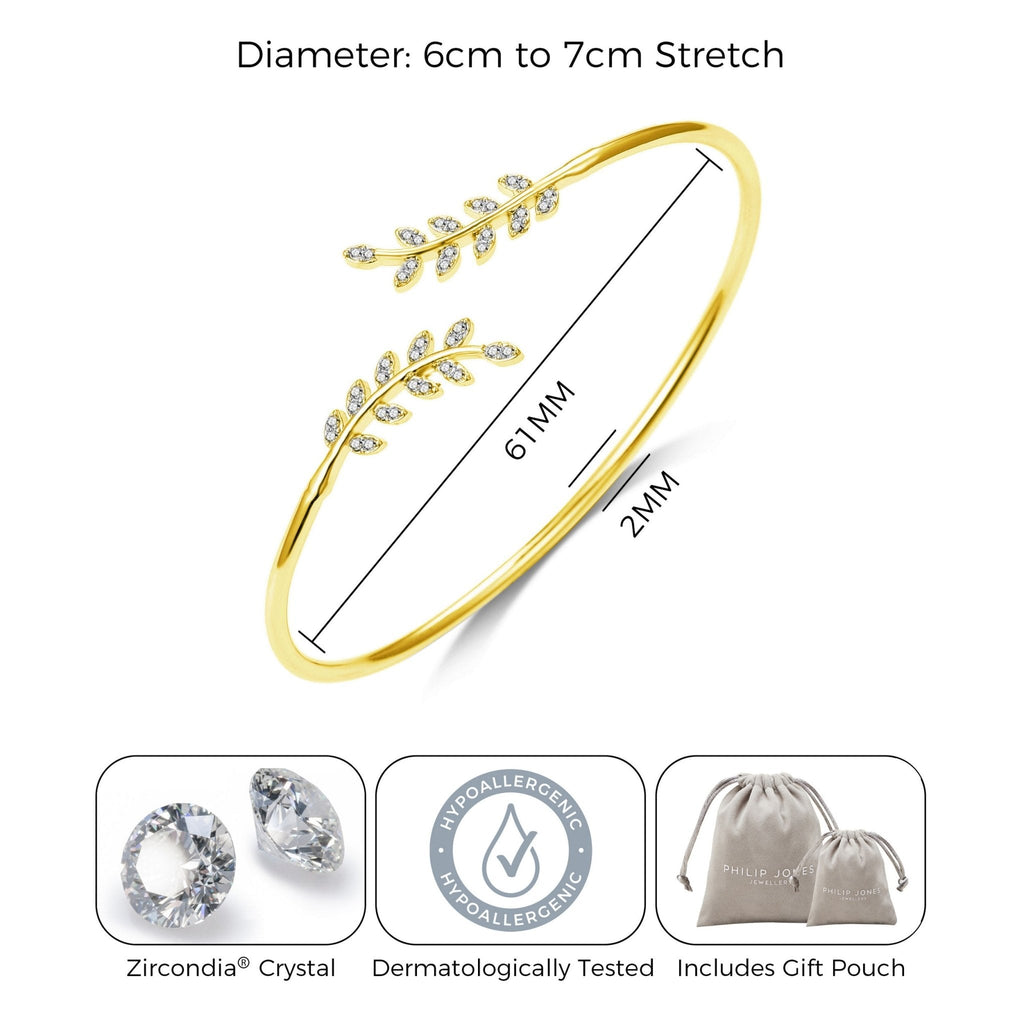 18k Gold Plated Leaf Bangle Created with Zircondia® Crystals