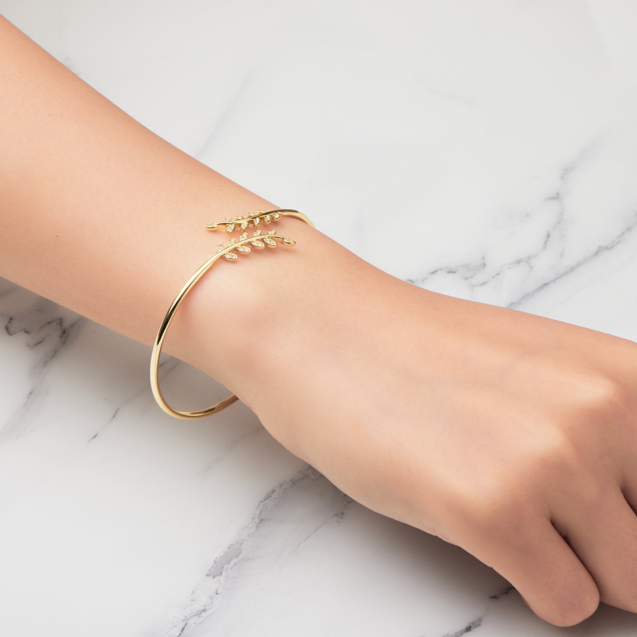 18k Gold Plated Leaf Bangle Created with Zircondia® Crystals