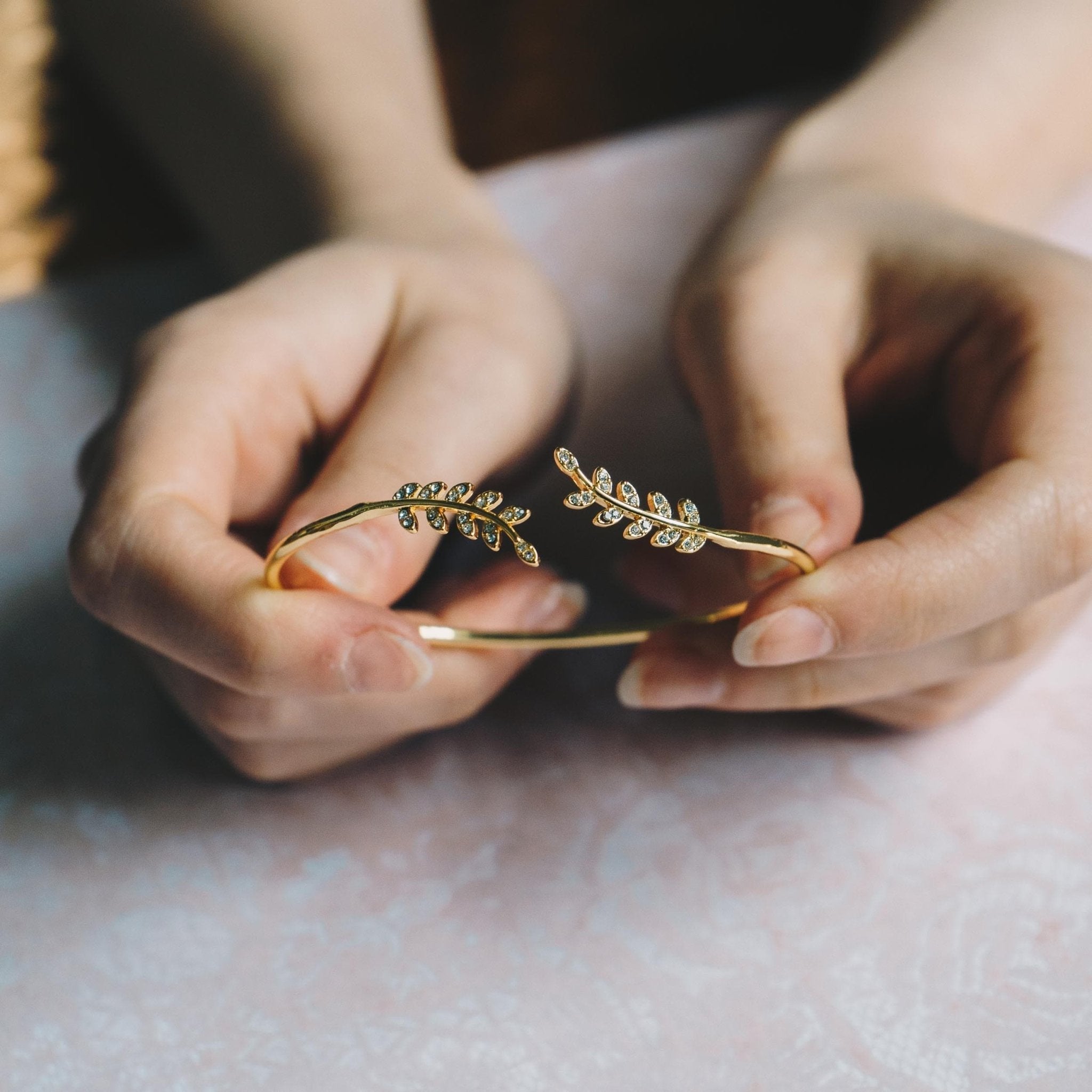 18k Gold Plated Leaf Bangle Created with Zircondia® Crystals
