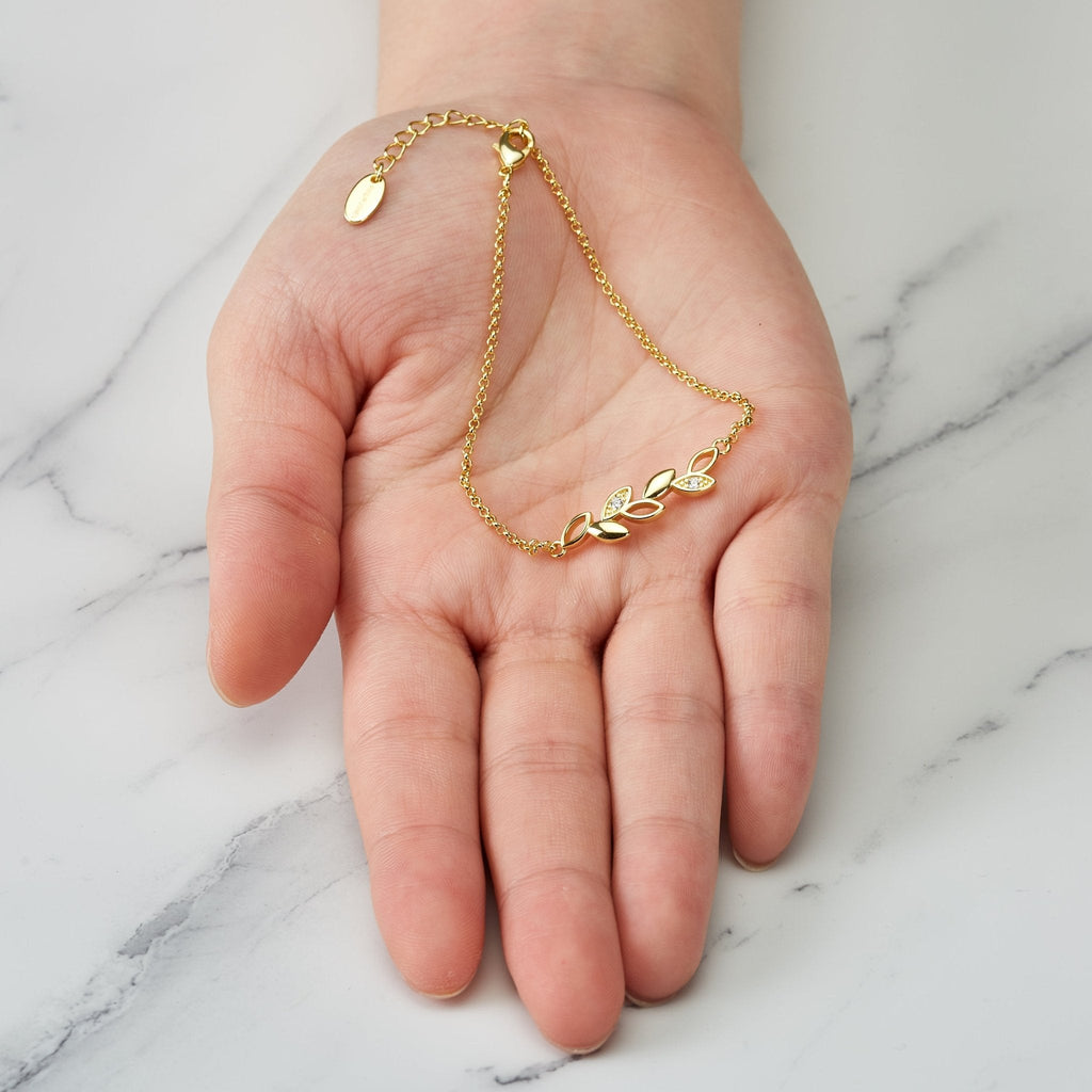 18k Gold Plated Leaf Chain Bracelet Created with Zircondia® Crystals