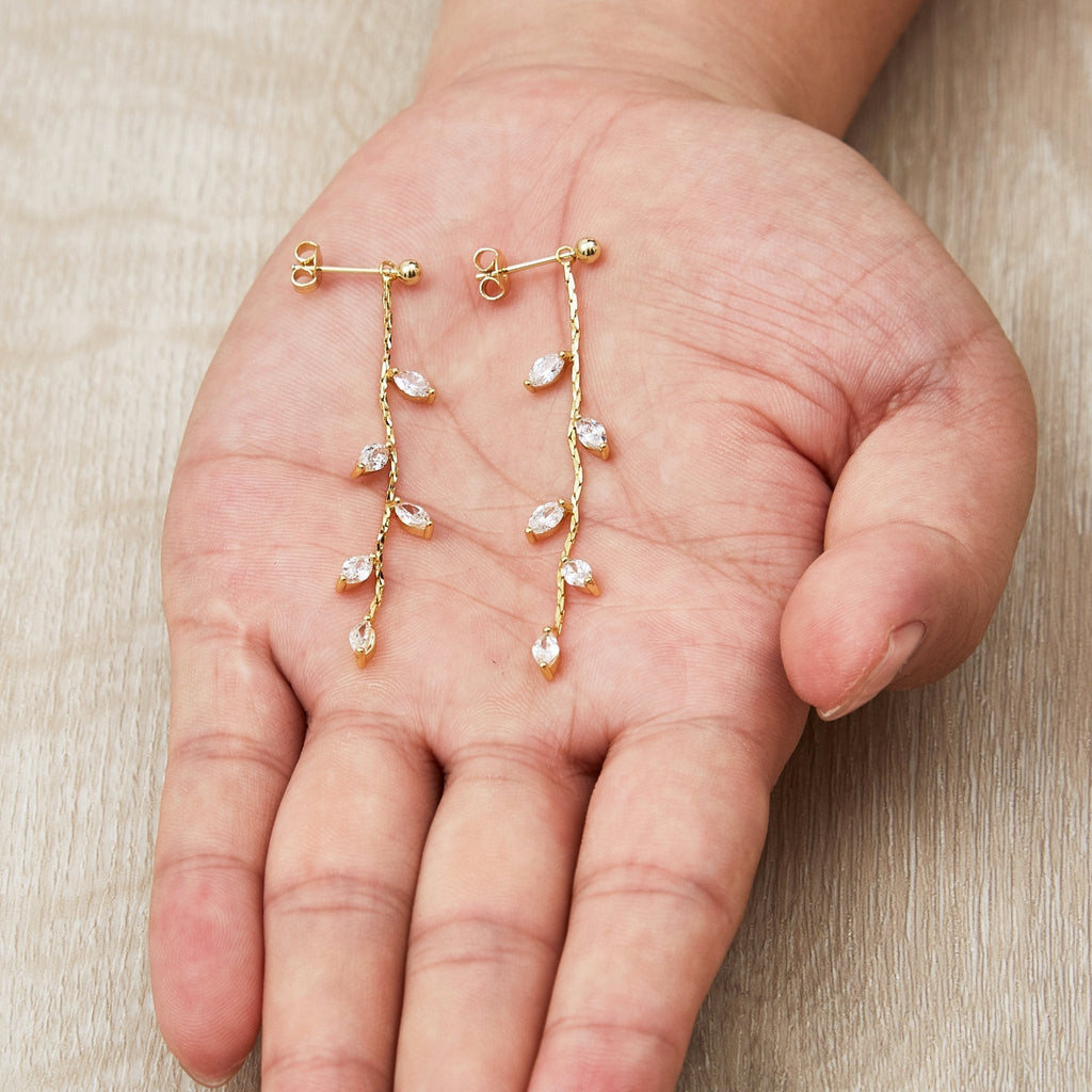 18k Gold Plated Leaf Dangle Earrings Created with Zircondia® Crystals