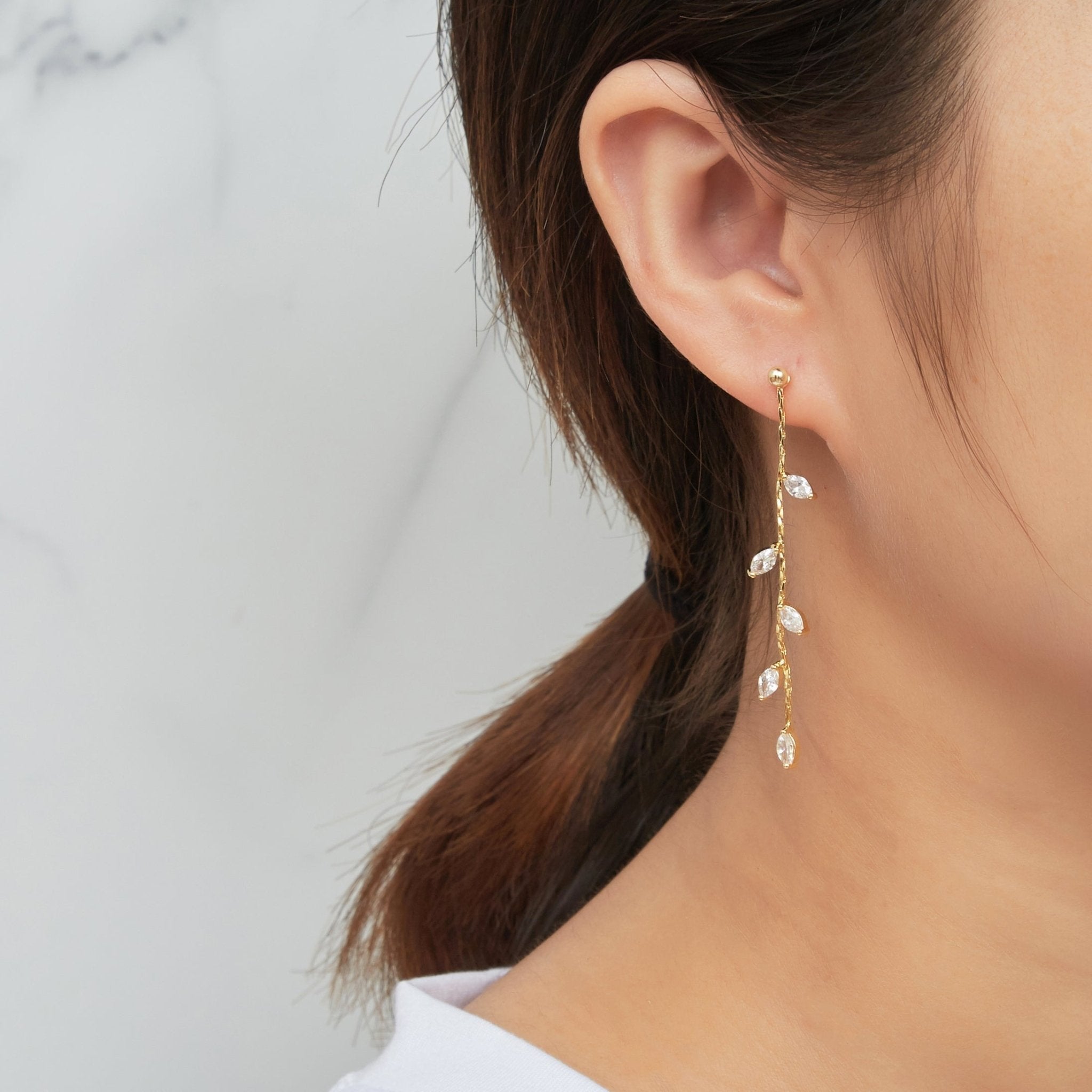 18k Gold Plated Leaf Dangle Earrings Created with Zircondia® Crystals