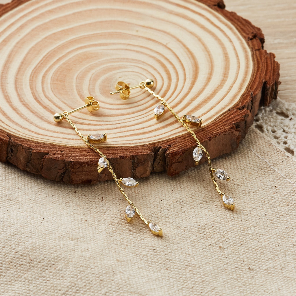 18k Gold Plated Leaf Dangle Earrings Created with Zircondia® Crystals