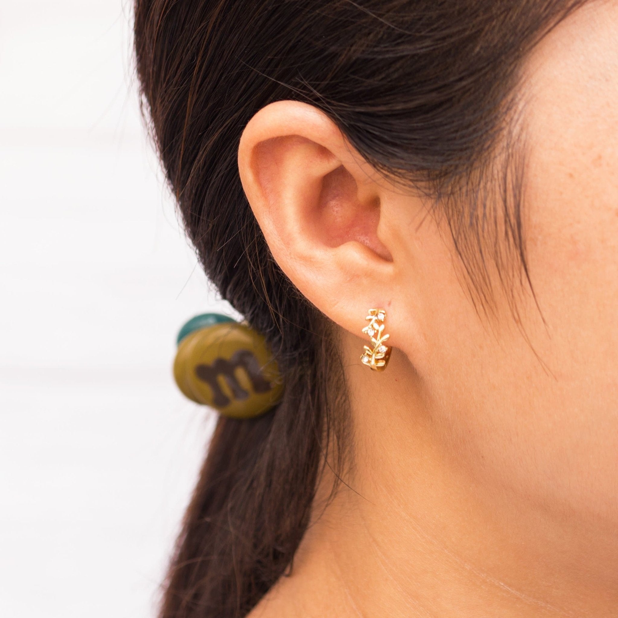 18k Gold Plated Leaf Hoop Earrings Created with Zircondia® Crystals