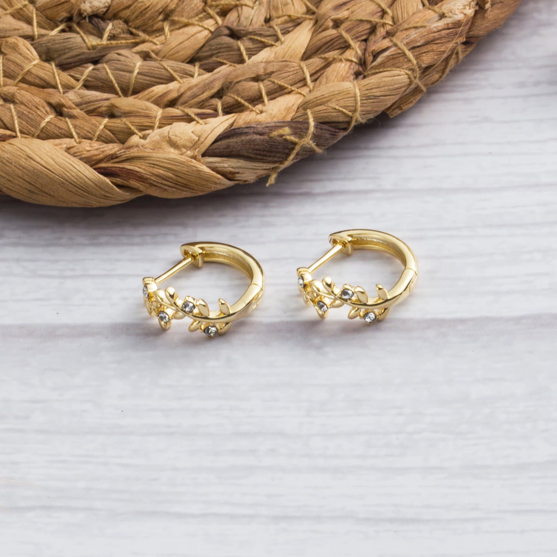 18k Gold Plated Leaf Hoop Earrings Created with Zircondia® Crystals