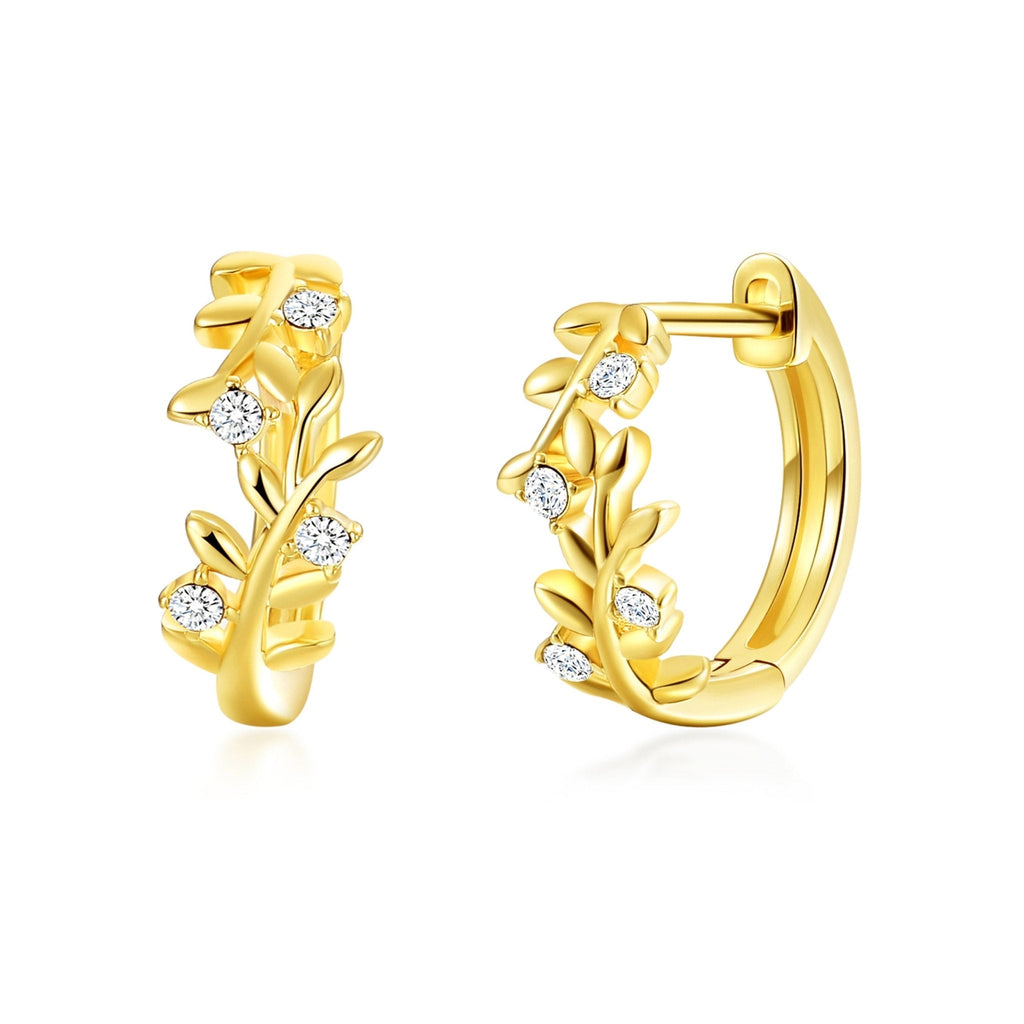 18k Gold Plated Leaf Hoop Earrings Created with Zircondia® Crystals