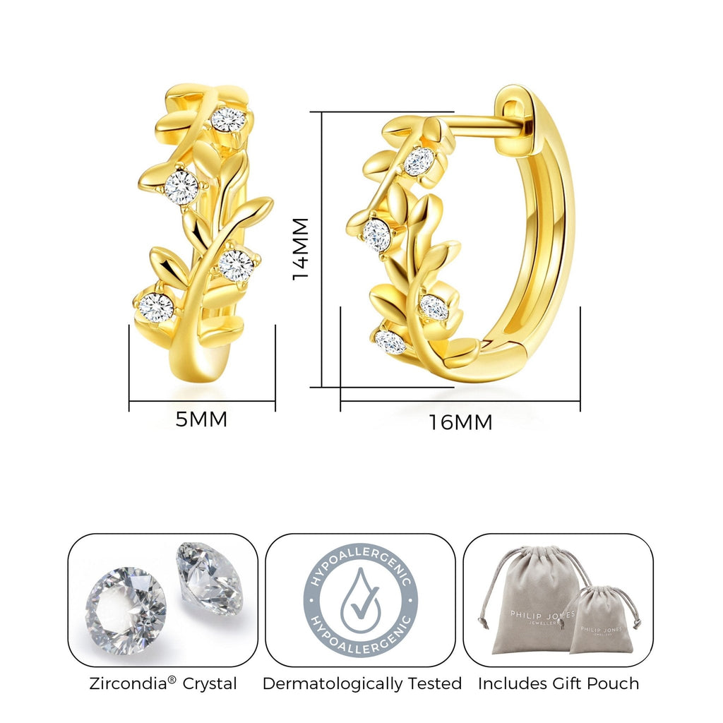18k Gold Plated Leaf Hoop Earrings Created with Zircondia® Crystals