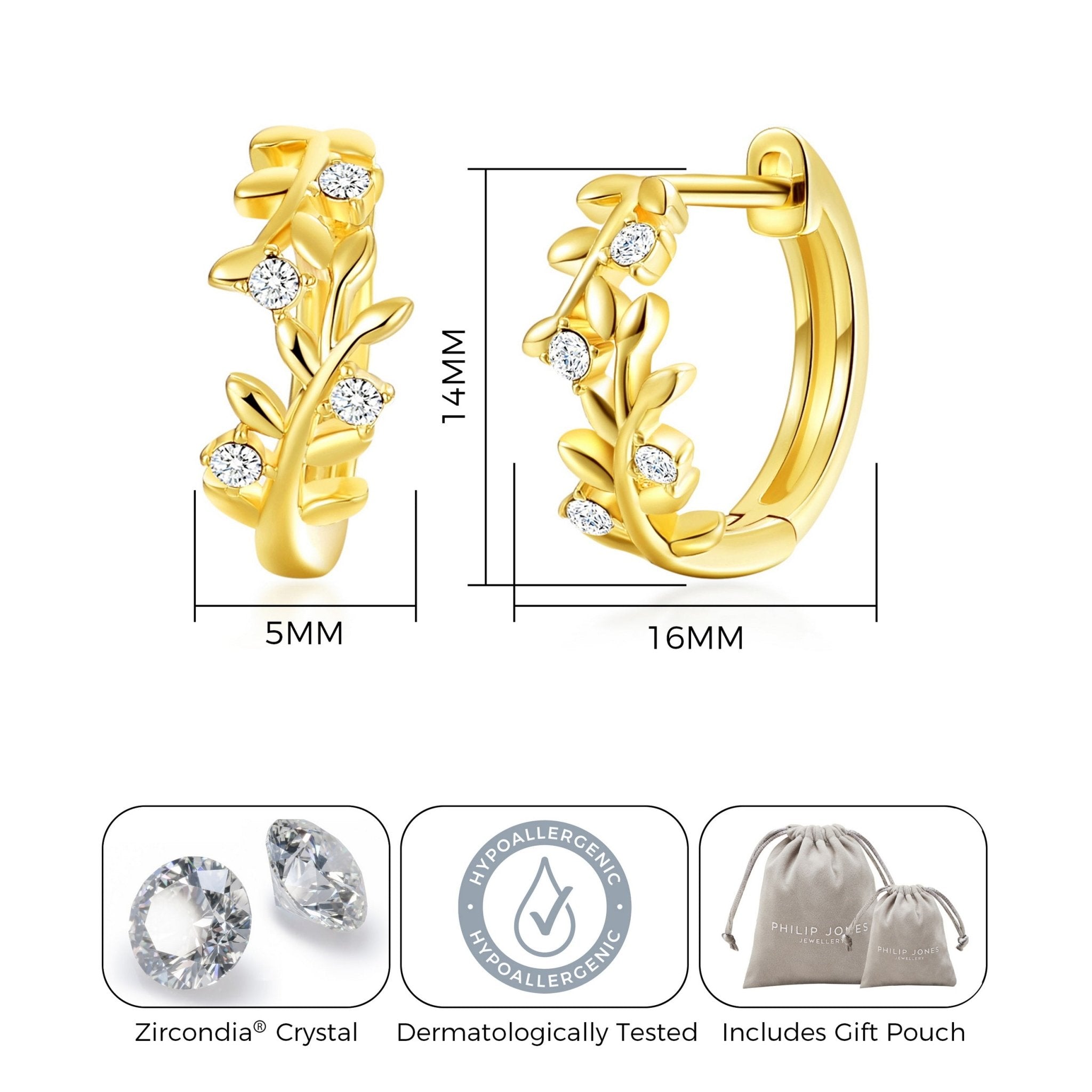 18k Gold Plated Leaf Hoop Earrings Created with Zircondia® Crystals