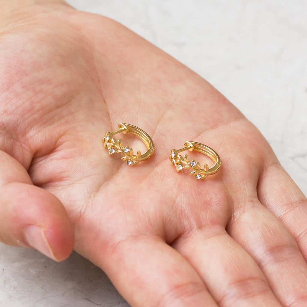 18k Gold Plated Leaf Hoop Earrings Created with Zircondia® Crystals