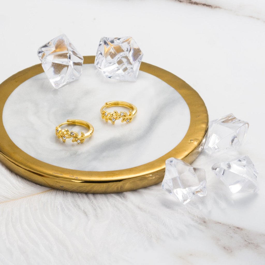 18k Gold Plated Leaf Hoop Earrings Created with Zircondia® Crystals