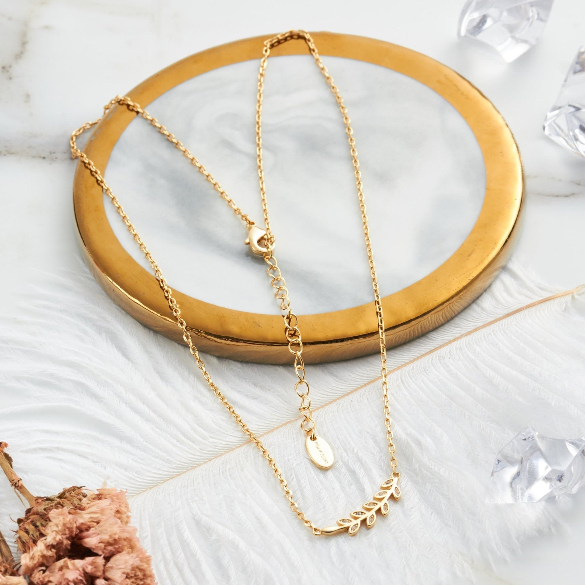 18k Gold Plated Leaf Necklace Created with Zircondia® Crystals