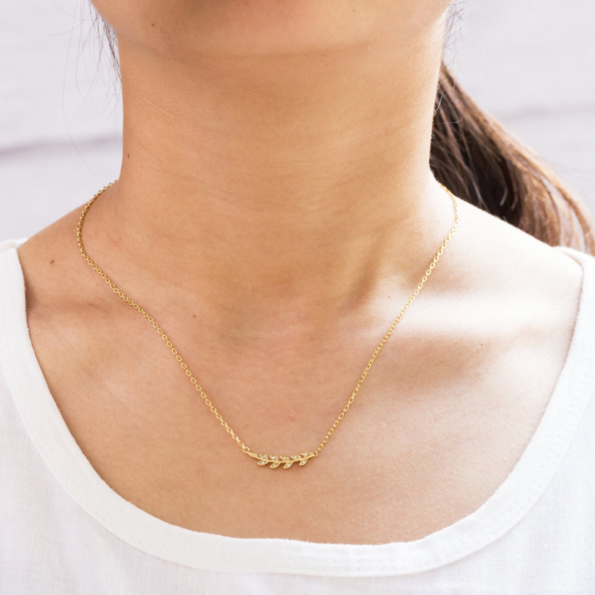 18k Gold Plated Leaf Necklace Created with Zircondia® Crystals