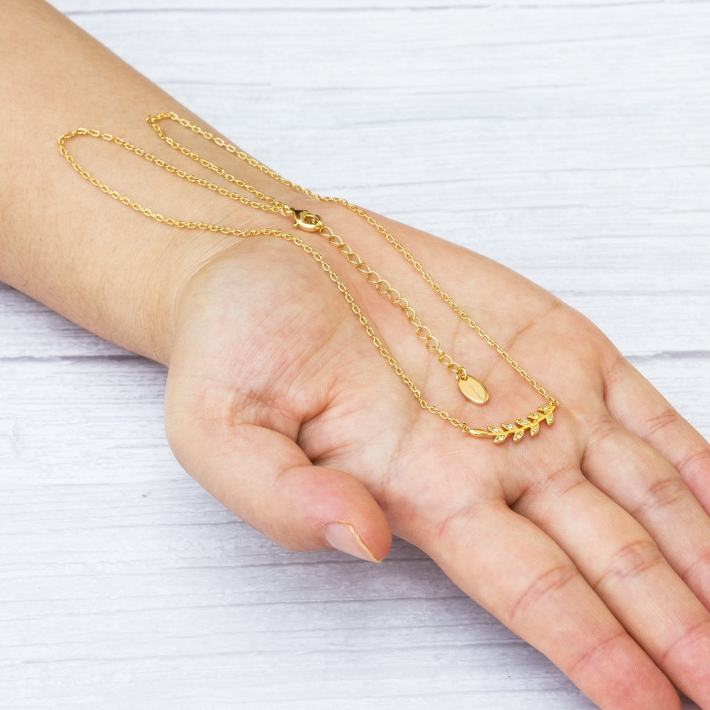 18k Gold Plated Leaf Necklace Created with Zircondia® Crystals