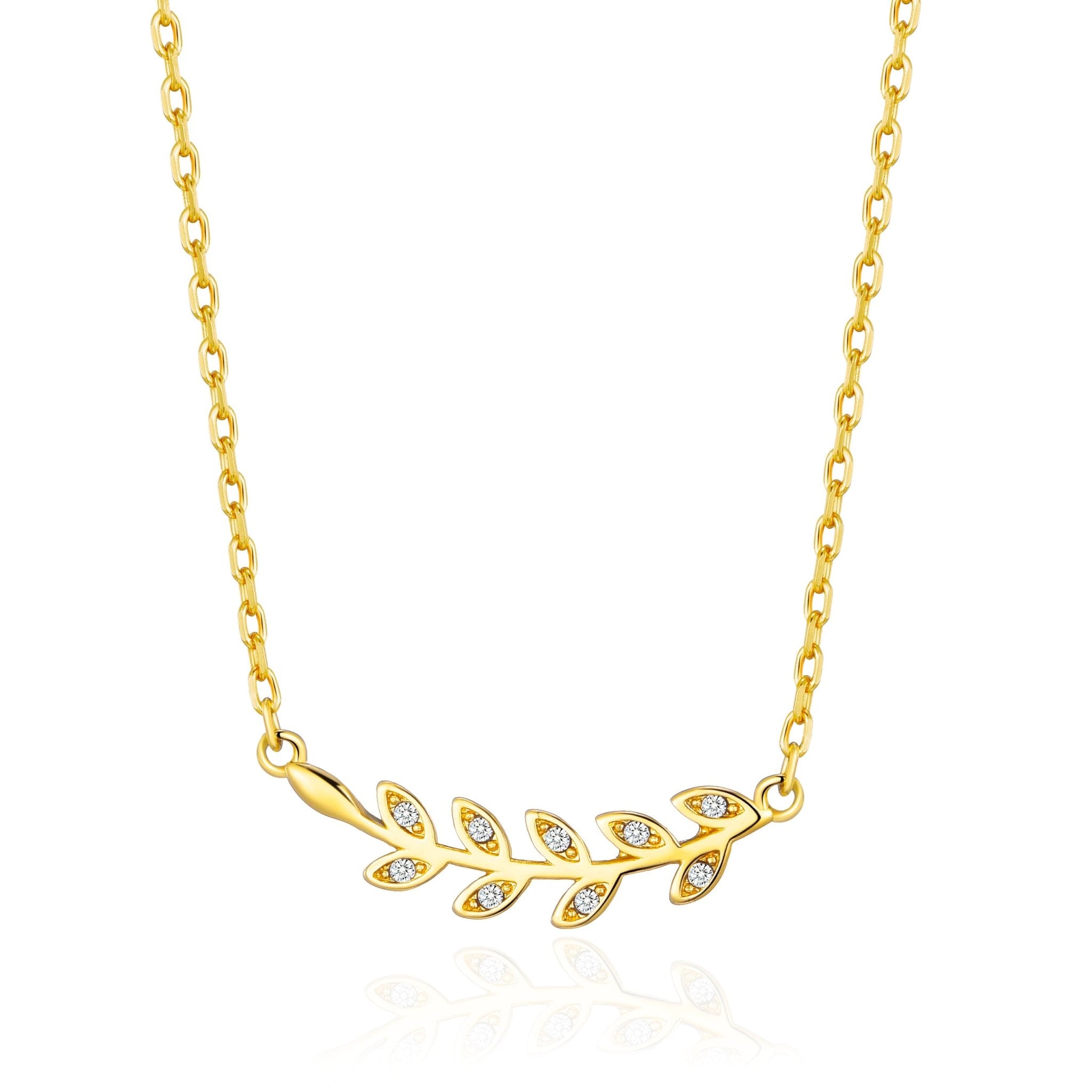 18k Gold Plated Leaf Necklace Created with Zircondia® Crystals