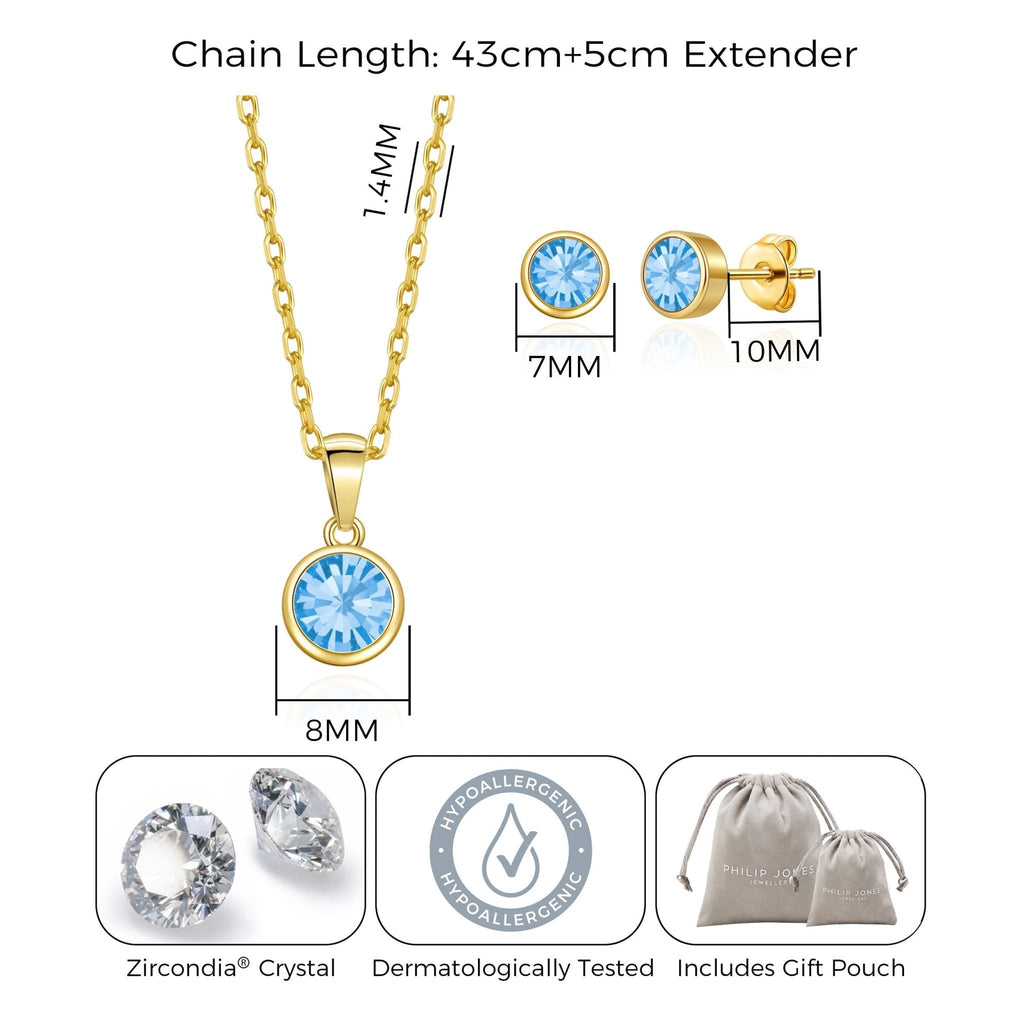 18k Gold Plated March (Aquamarine) Birthstone Necklace & Earrings Set Created with Zircondia® Crystals