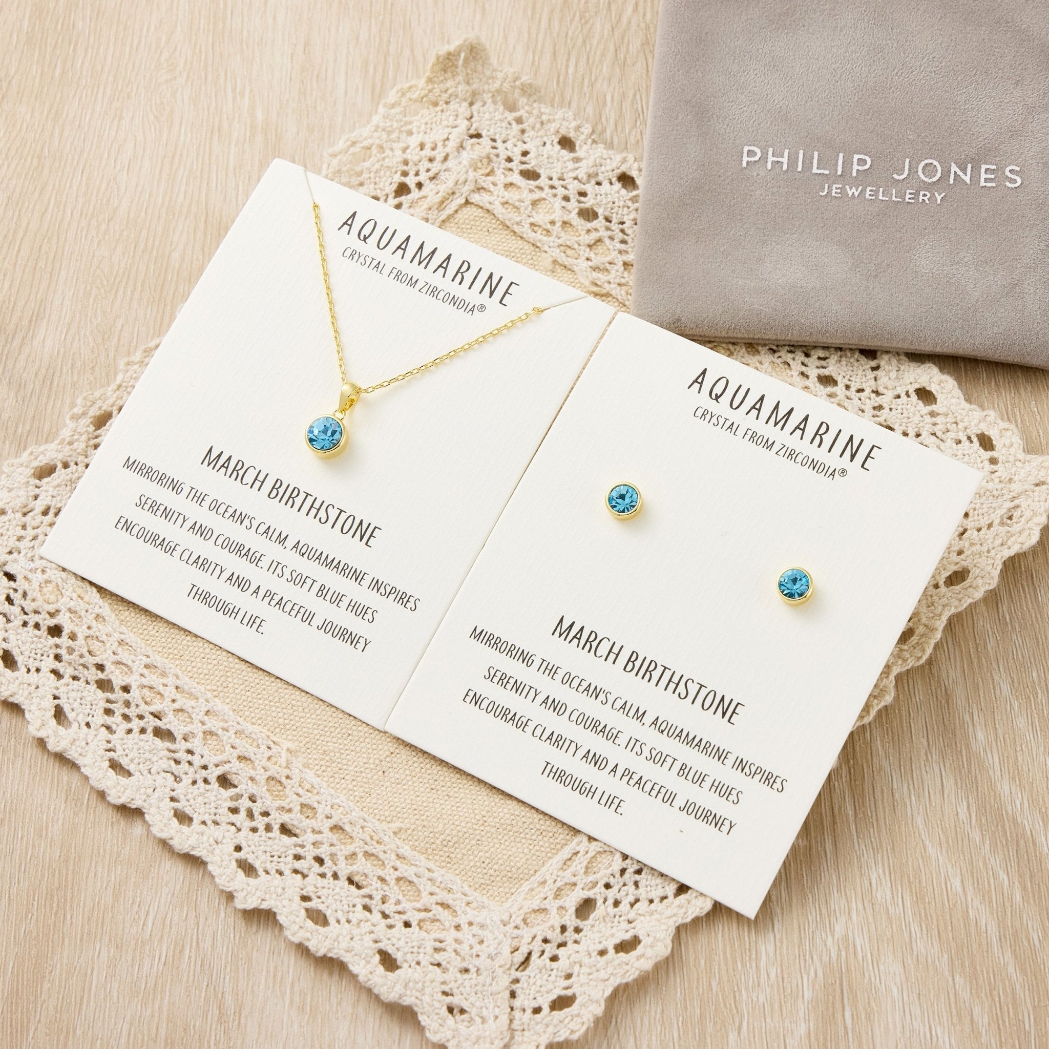 18k Gold Plated March (Aquamarine) Birthstone Necklace & Earrings Set Created with Zircondia® Crystals