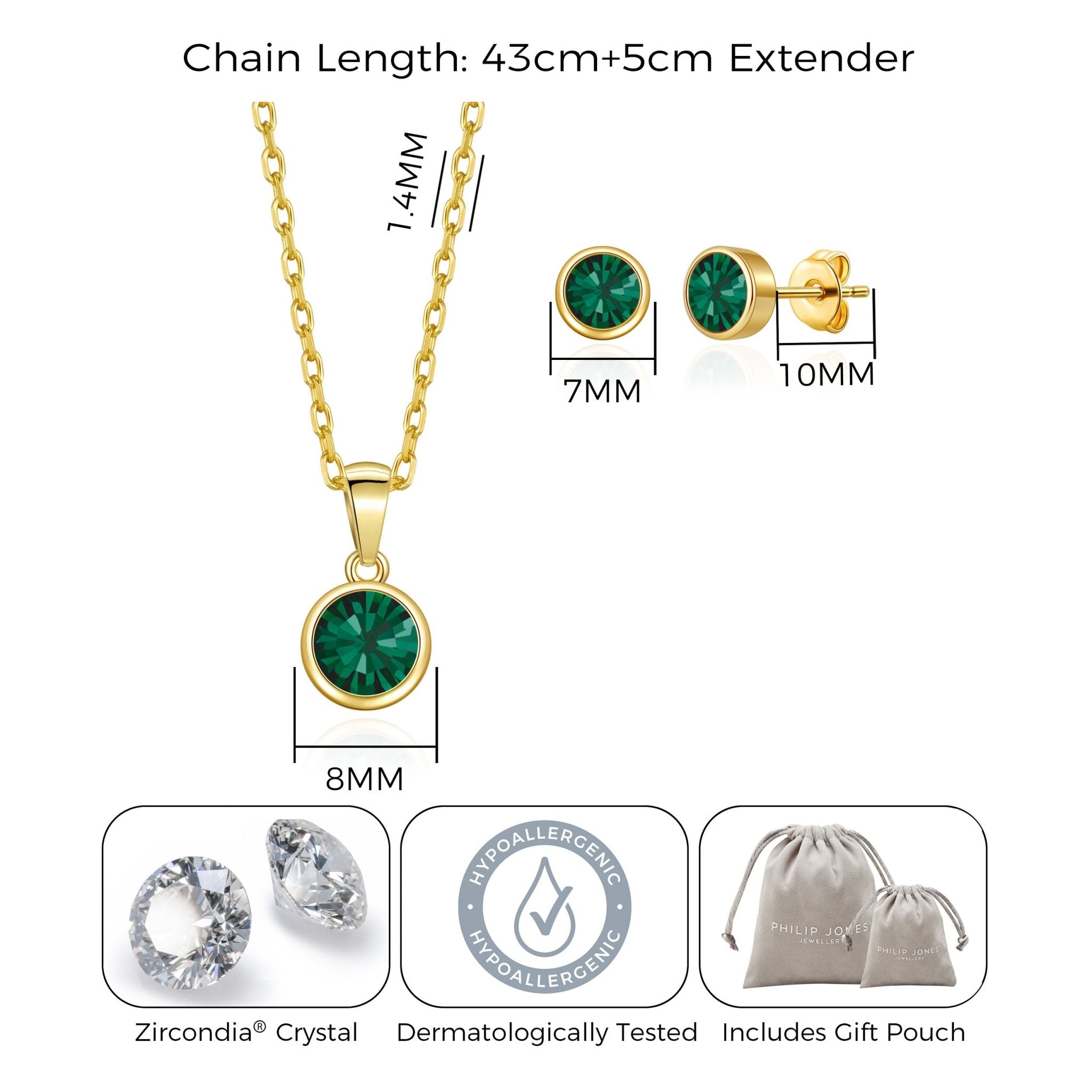 18k Gold Plated May (Emerald) Birthstone Necklace & Earrings Set Created with Zircondia® Crystals