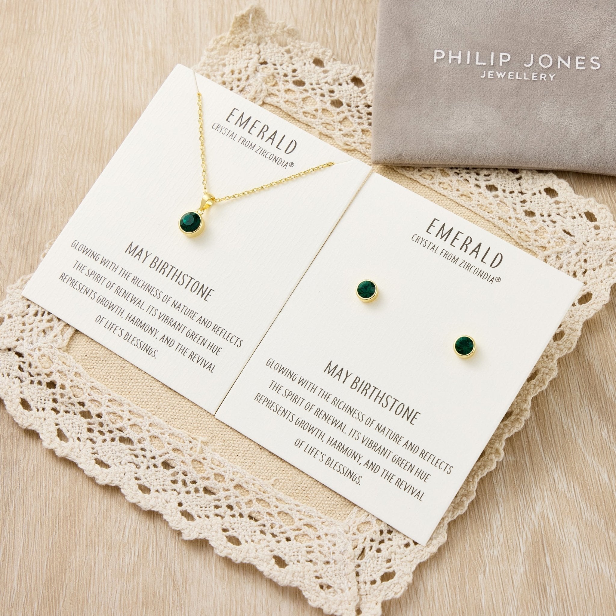 18k Gold Plated May (Emerald) Birthstone Necklace & Earrings Set Created with Zircondia® Crystals