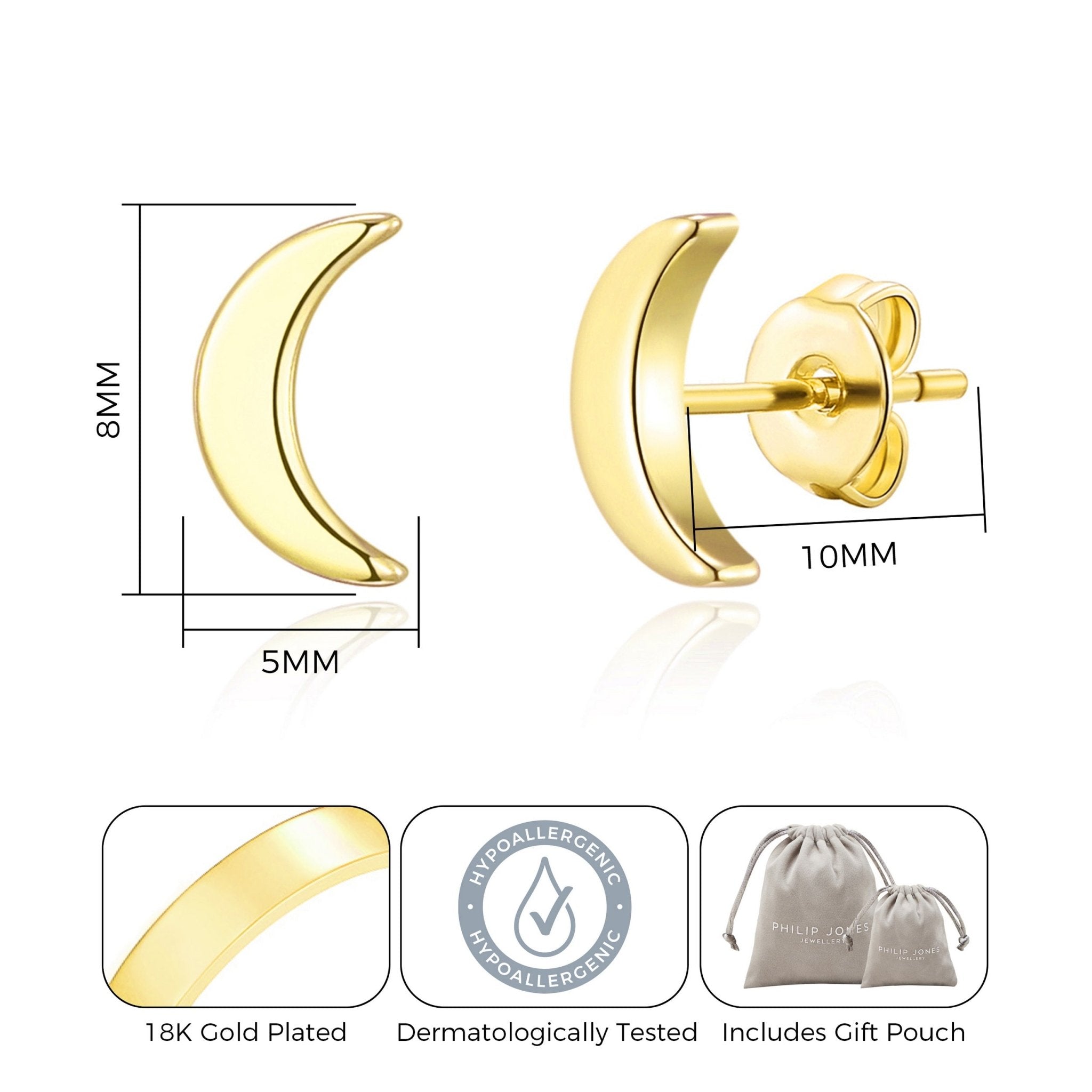 18k Gold Plated Moon Stud Earrings