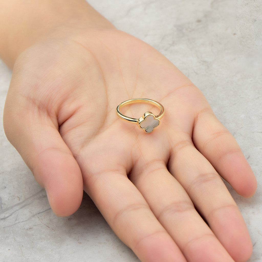 18k Gold Plated Mother of Pearl Gemstone Adjustable Clover Ring