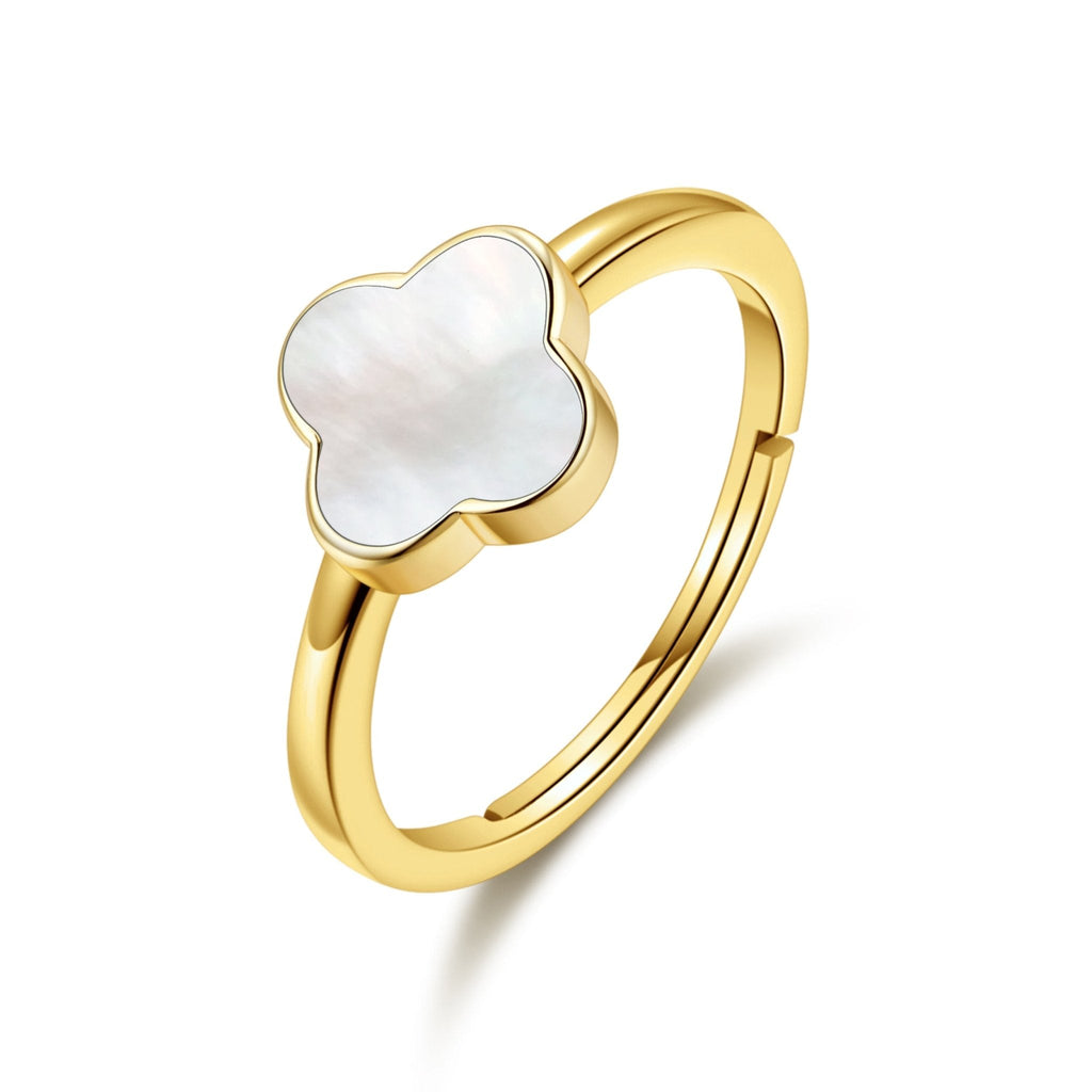 18k Gold Plated Mother of Pearl Gemstone Adjustable Clover Ring