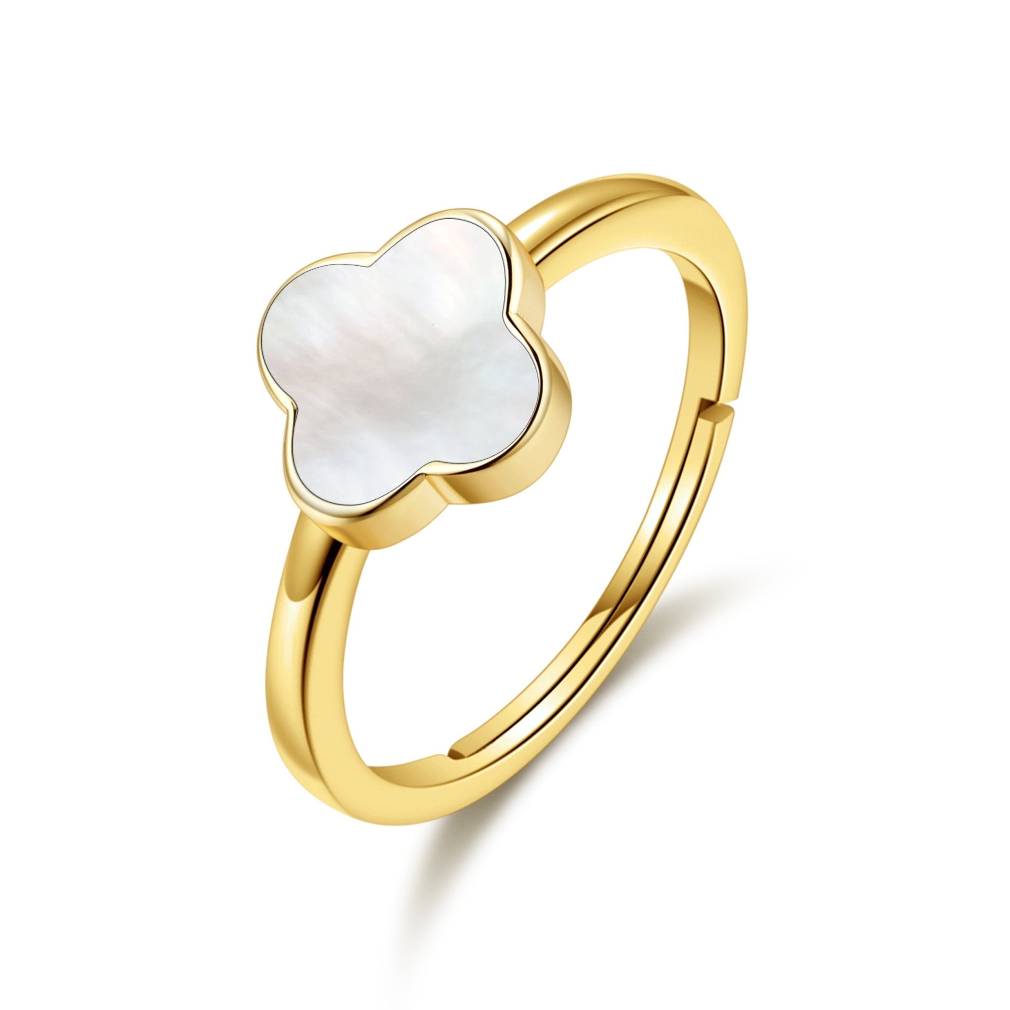 18k Gold Plated Mother of Pearl Gemstone Adjustable Clover Ring