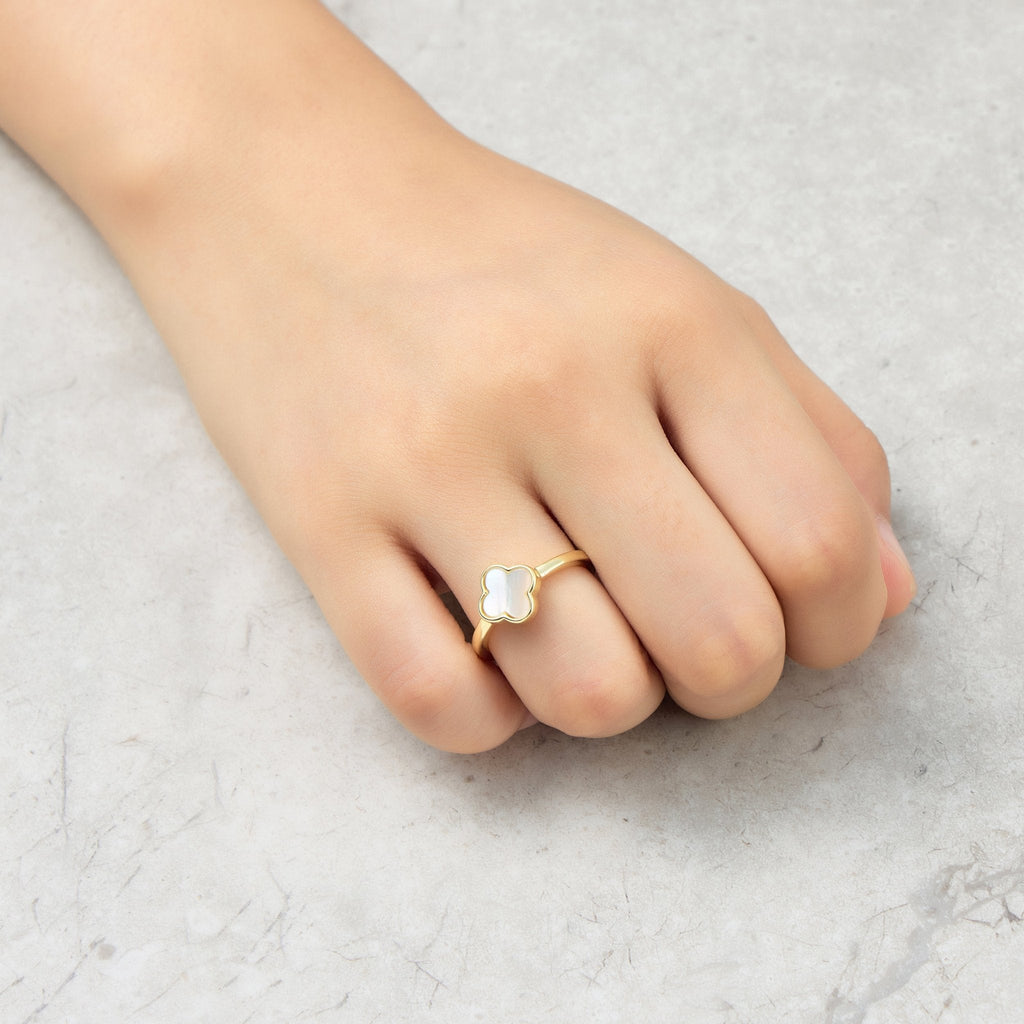 18k Gold Plated Mother of Pearl Gemstone Adjustable Clover Ring
