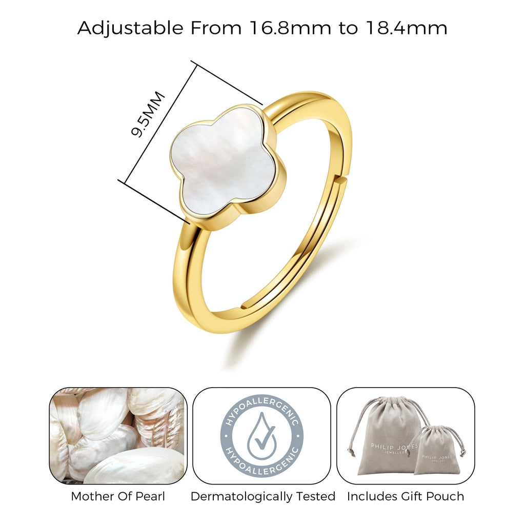 18k Gold Plated Mother of Pearl Gemstone Adjustable Clover Ring
