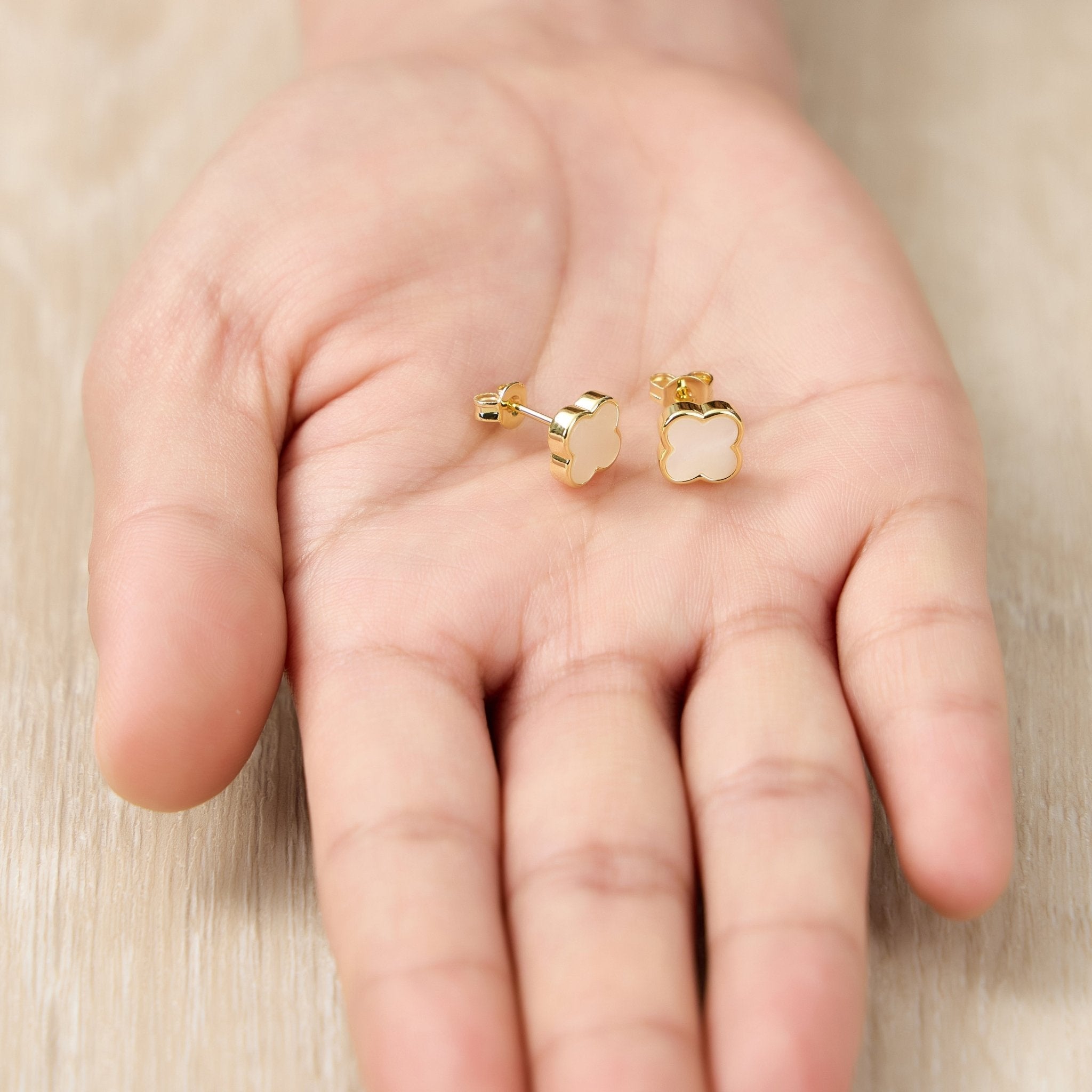 18k Gold Plated Mother of Pearl Gemstone Clover Earrings