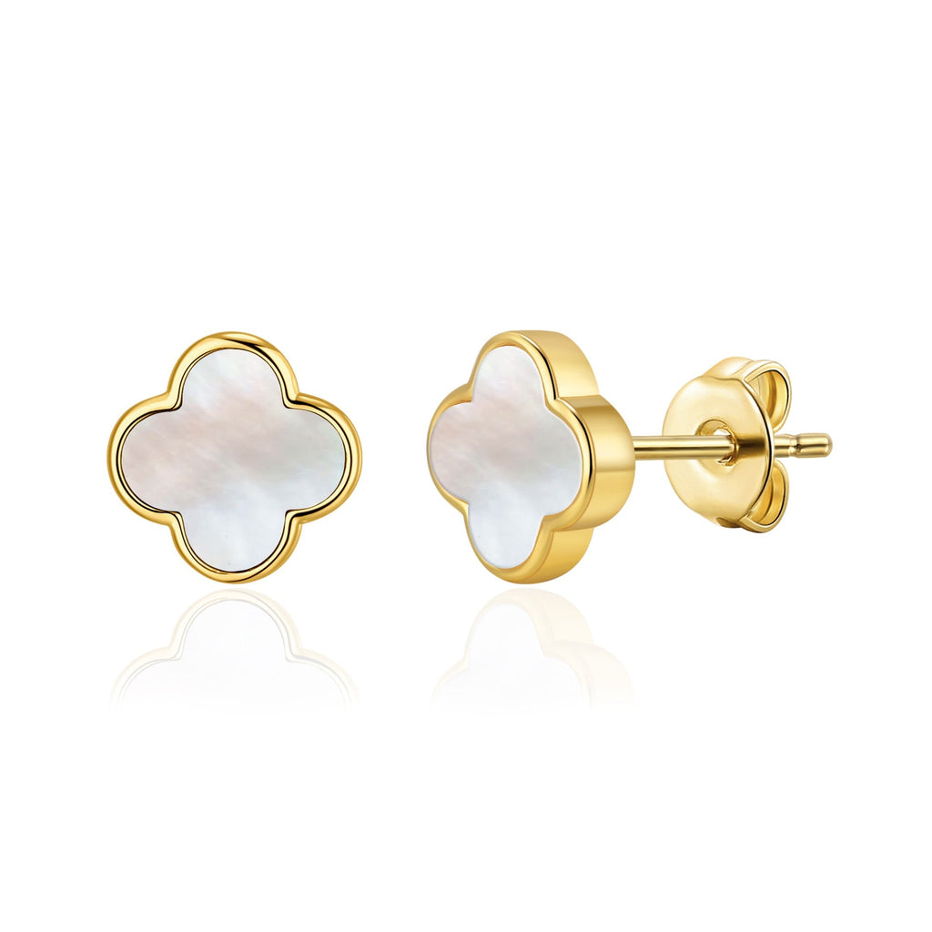 18k Gold Plated Mother of Pearl Gemstone Clover Earrings