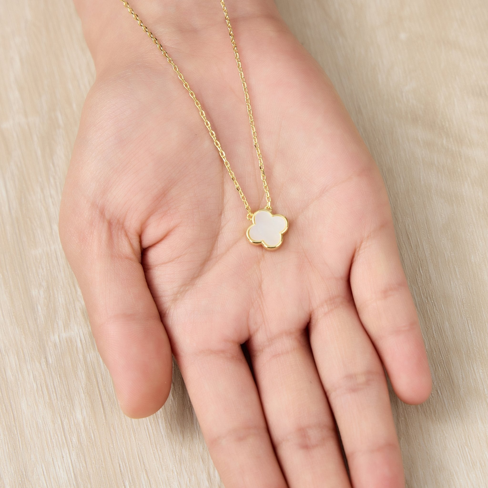 18k Gold Plated Mother of Pearl Gemstone Clover Necklace
