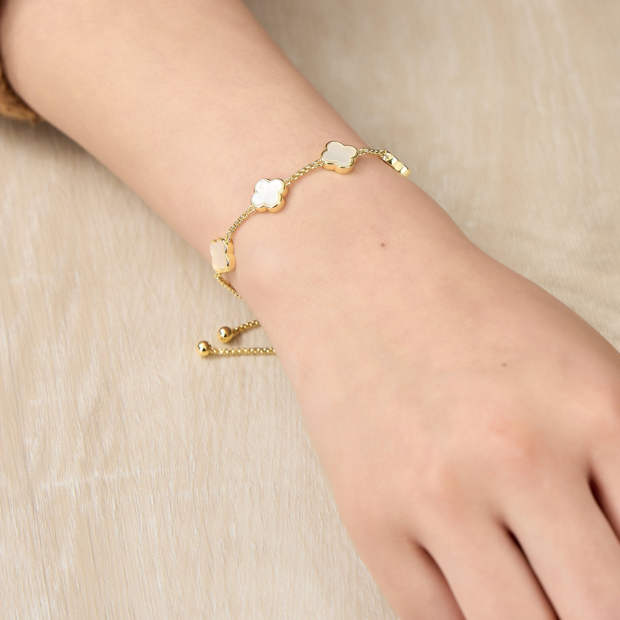 18k Gold Plated Mother Of Pearl Multi Clover Friendship Slider Bracelet