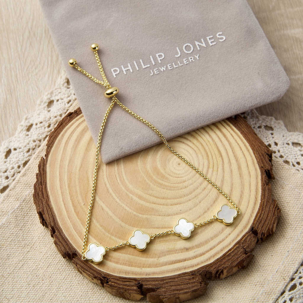 18k Gold Plated Mother Of Pearl Multi Clover Friendship Slider Bracelet