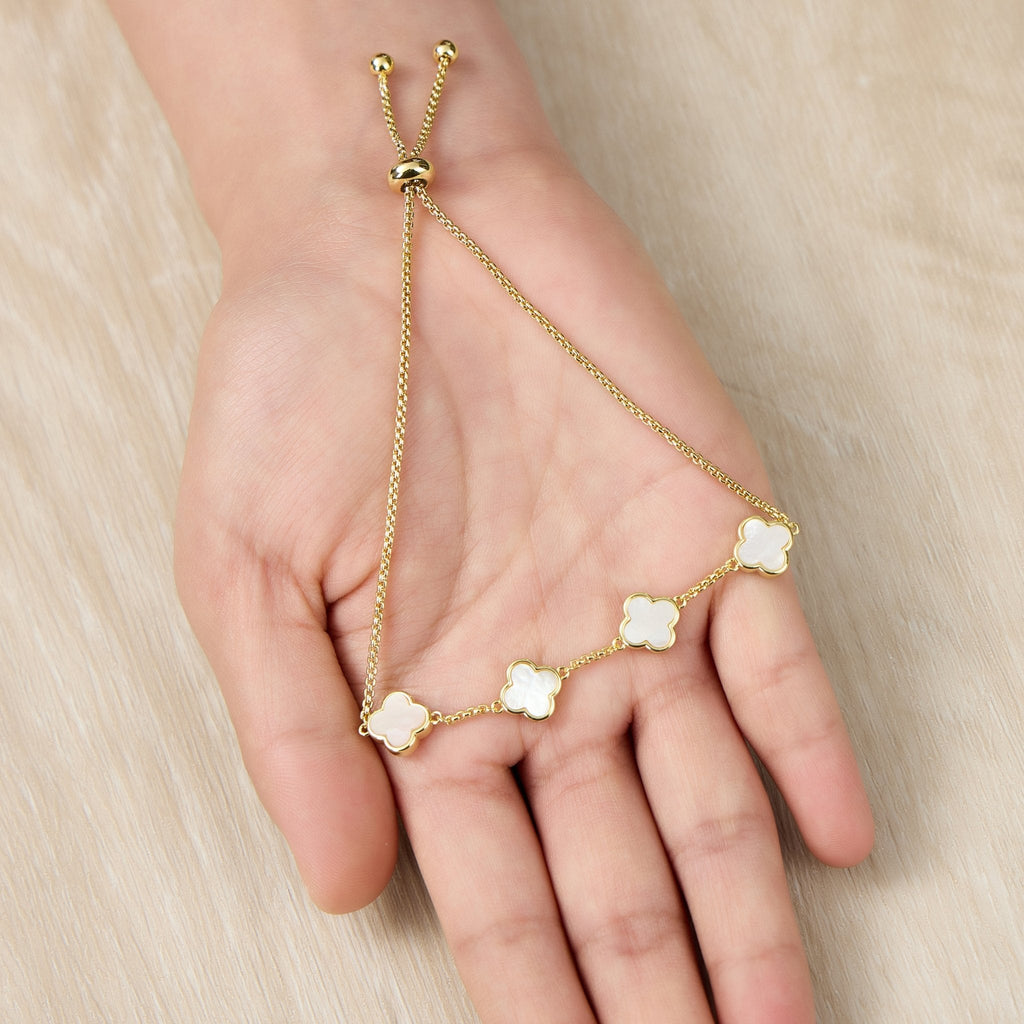 18k Gold Plated Mother Of Pearl Multi Clover Friendship Slider Bracelet