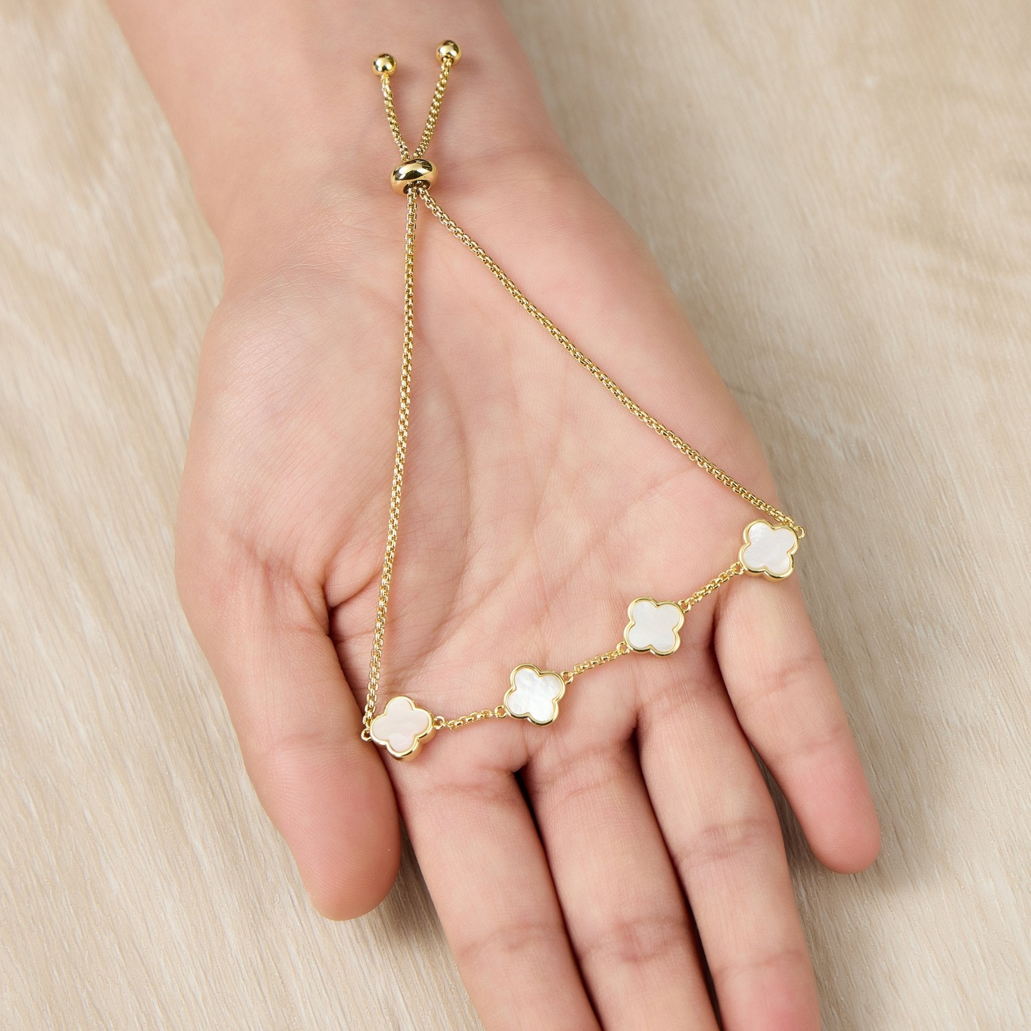 18k Gold Plated Mother Of Pearl Multi Clover Friendship Slider Bracelet