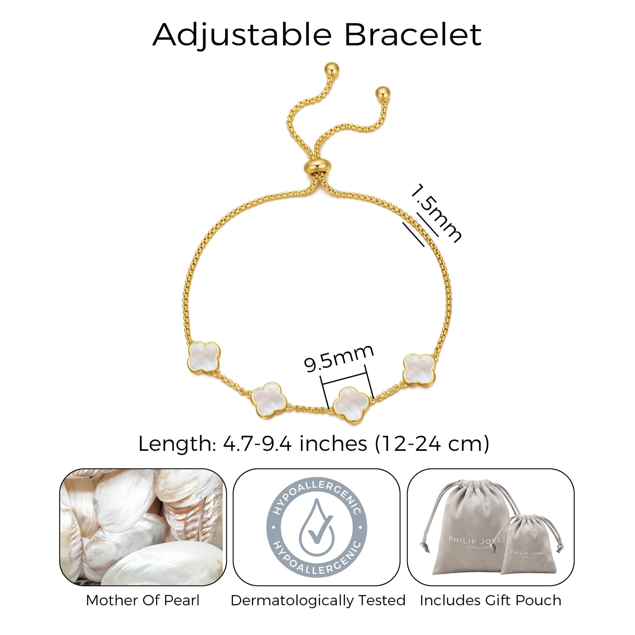 18k Gold Plated Mother Of Pearl Multi Clover Friendship Slider Bracelet