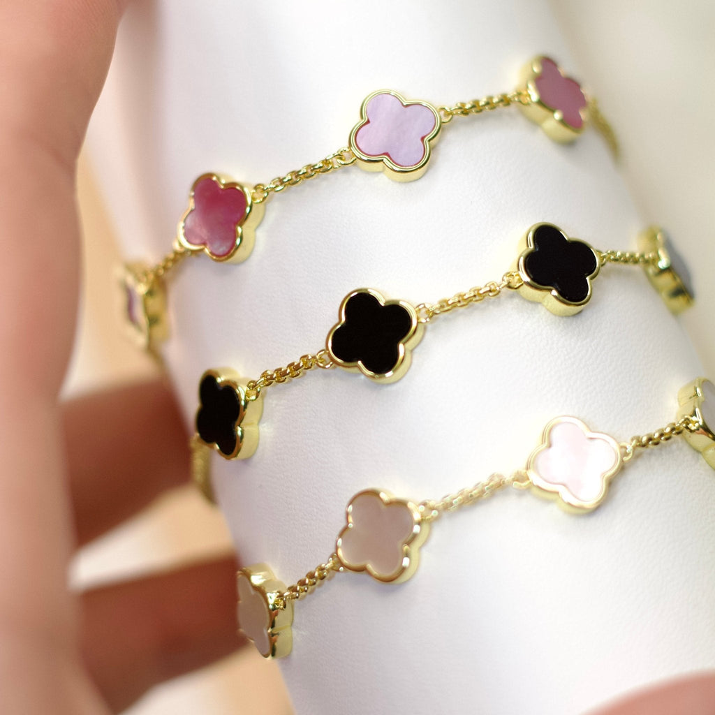 18k Gold Plated Mother Of Pearl Multi Clover Friendship Slider Bracelet