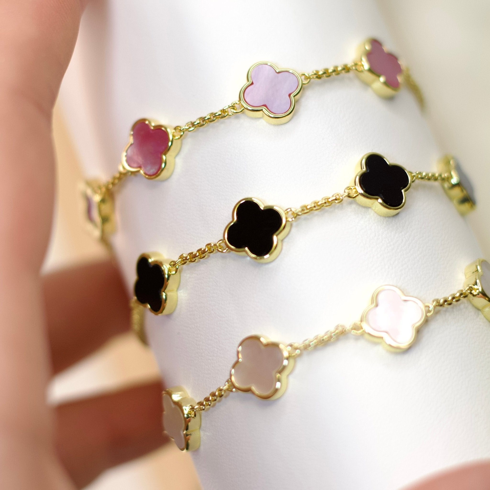 18k Gold Plated Mother Of Pearl Multi Clover Friendship Slider Bracelet