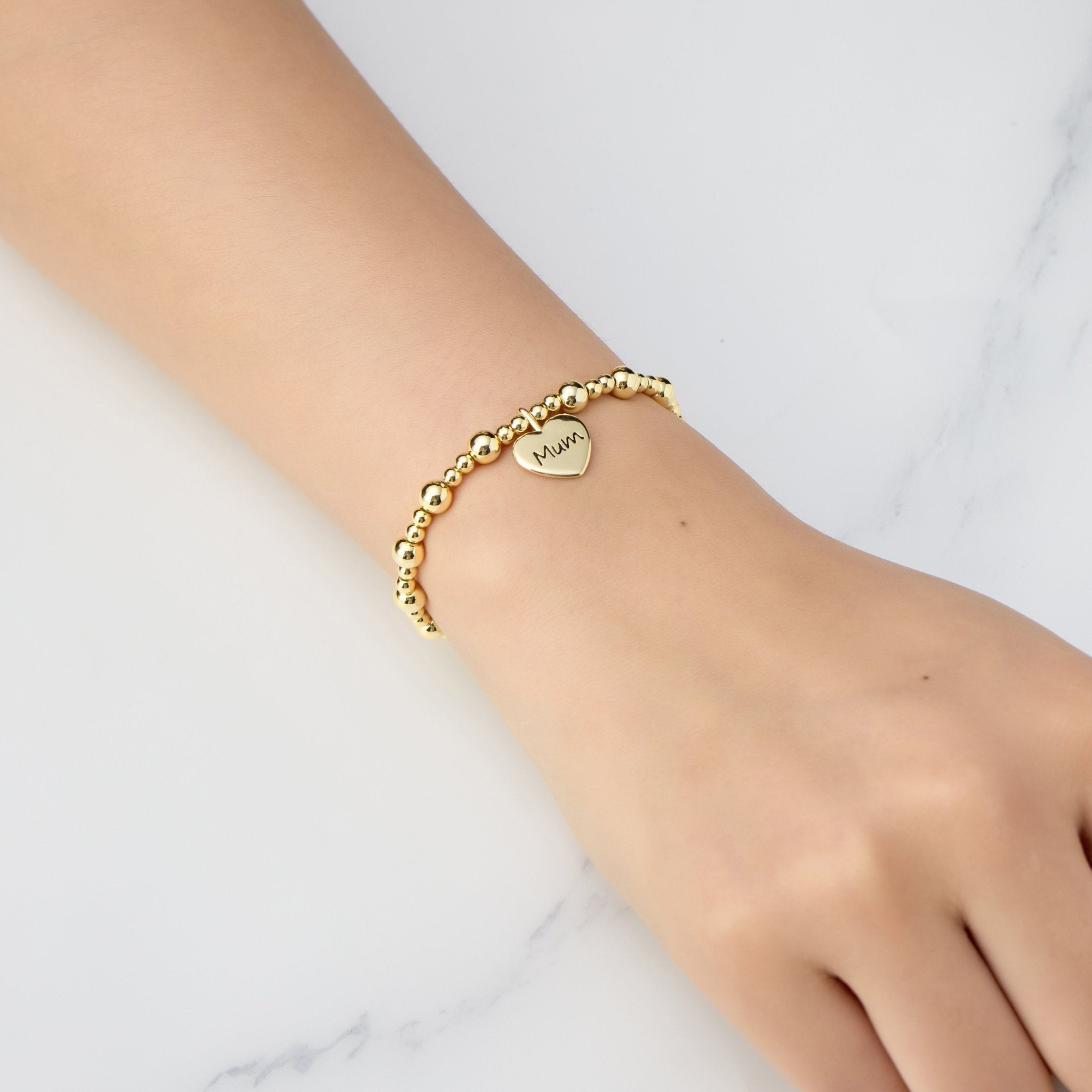 18k Gold Plated Mum Heart Charm Beaded Stretch Bracelet