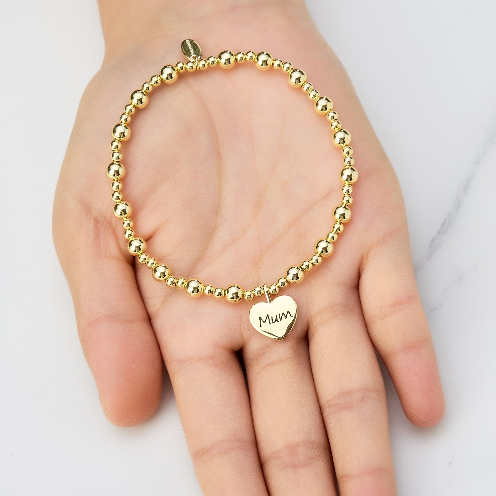 18k Gold Plated Mum Heart Charm Beaded Stretch Bracelet