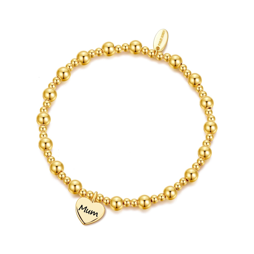 18k Gold Plated Mum Heart Charm Beaded Stretch Bracelet