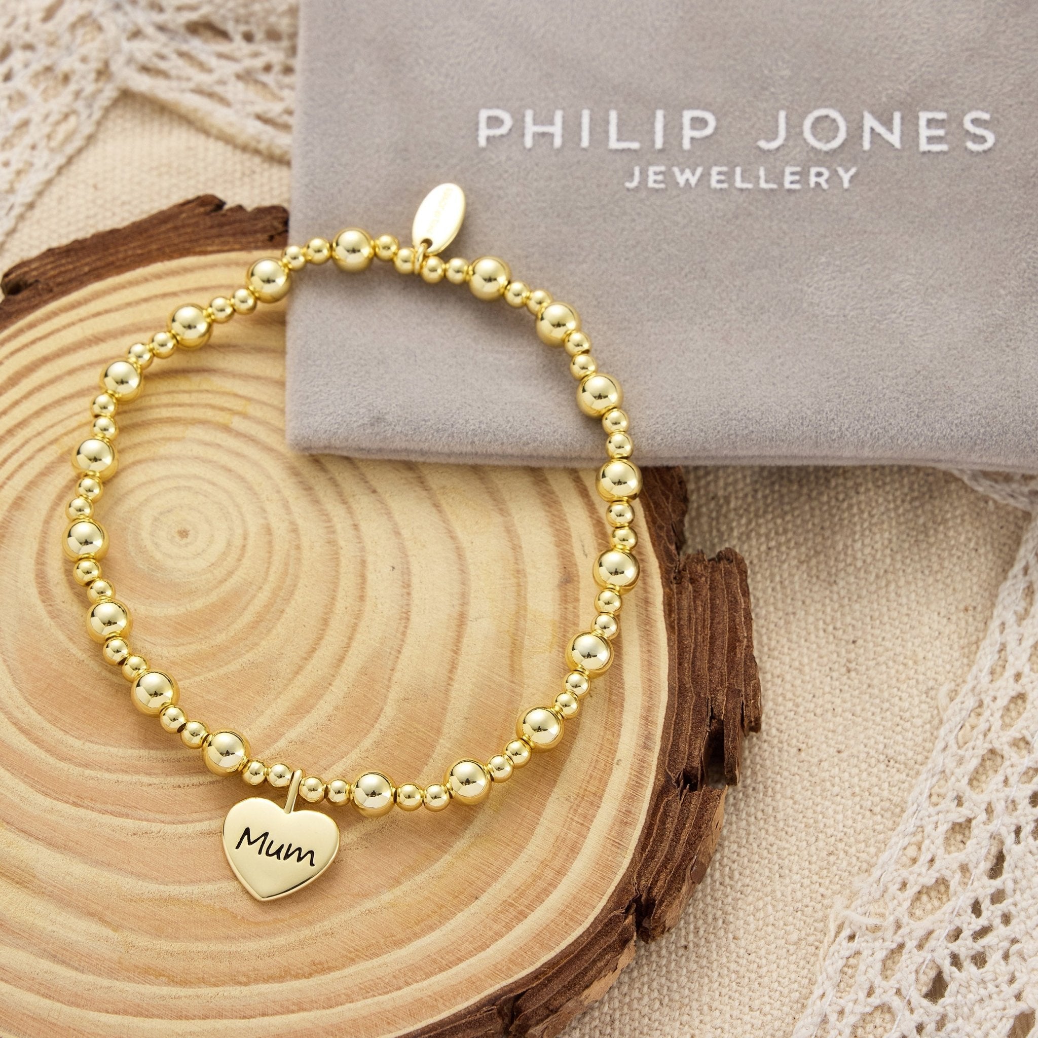 18k Gold Plated Mum Heart Charm Beaded Stretch Bracelet