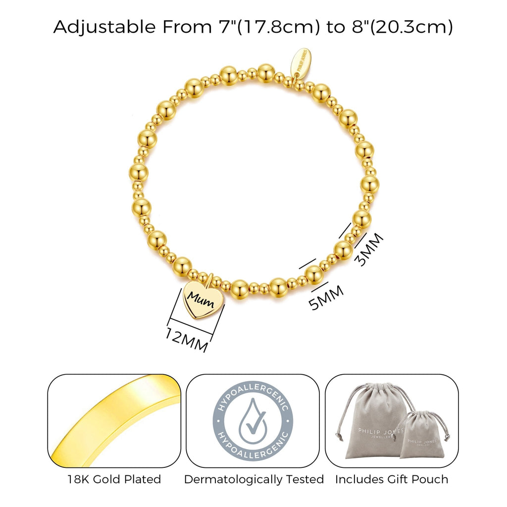 18k Gold Plated Mum Heart Charm Beaded Stretch Bracelet