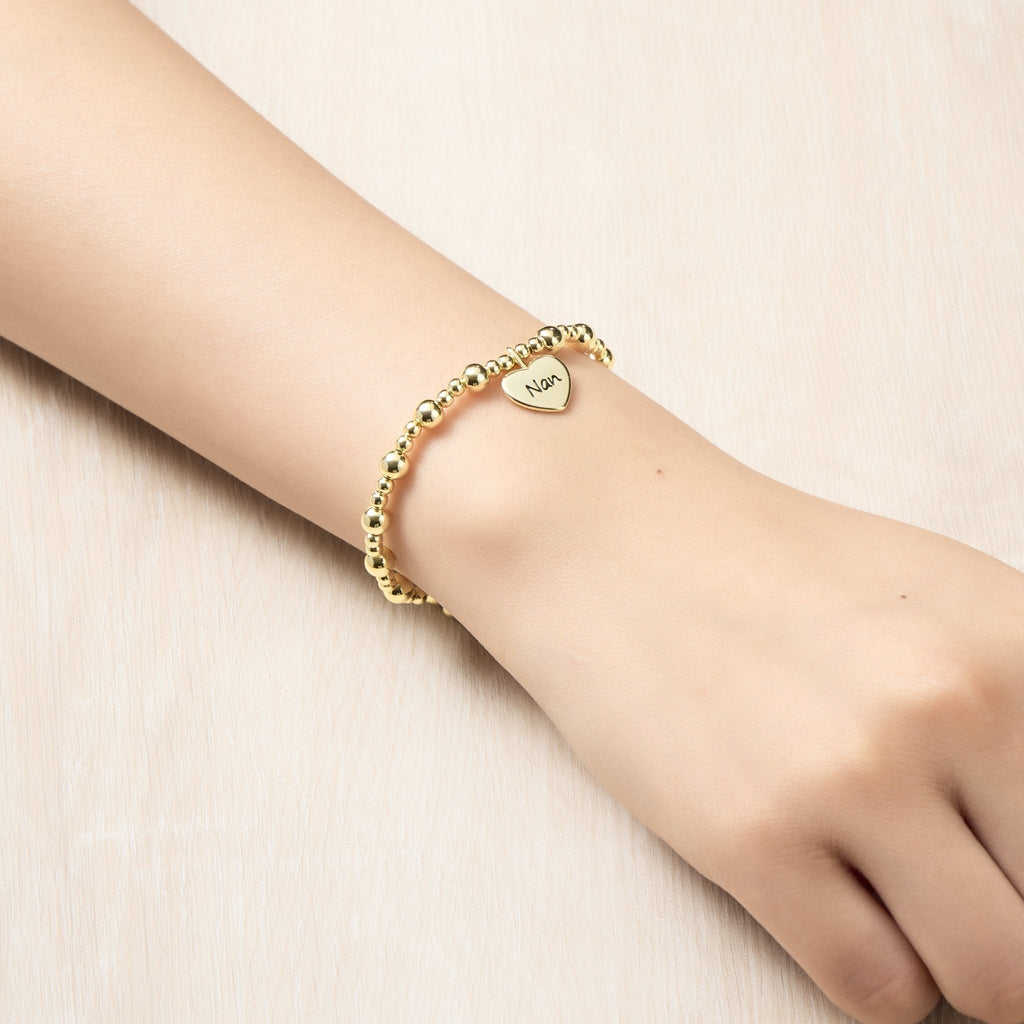18k Gold Plated Nan Heart Charm Beaded Stretch Bracelet