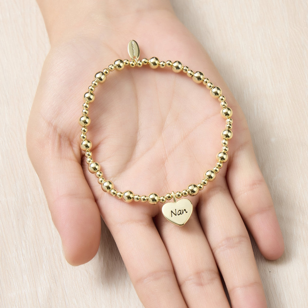 18k Gold Plated Nan Heart Charm Beaded Stretch Bracelet