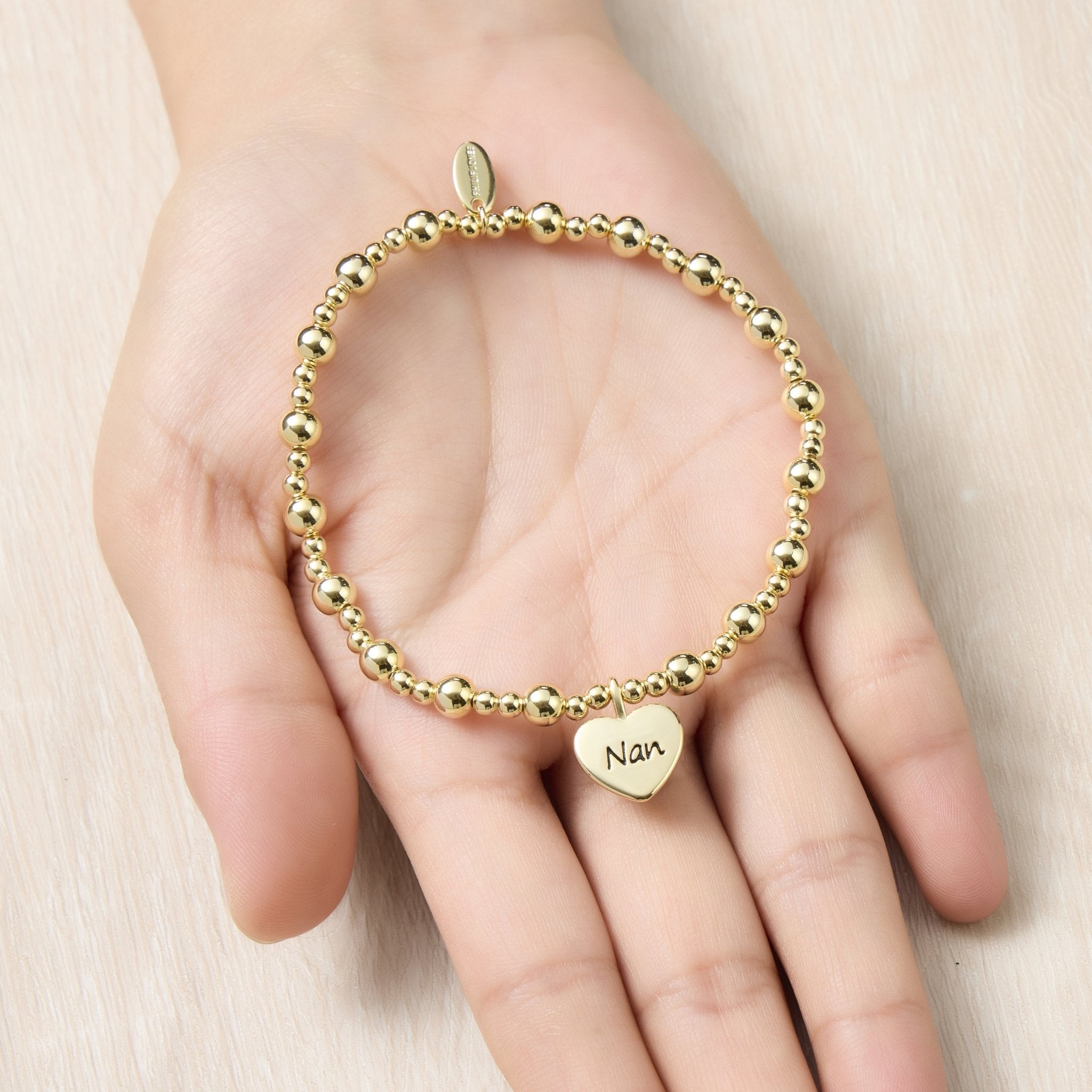 18k Gold Plated Nan Heart Charm Beaded Stretch Bracelet
